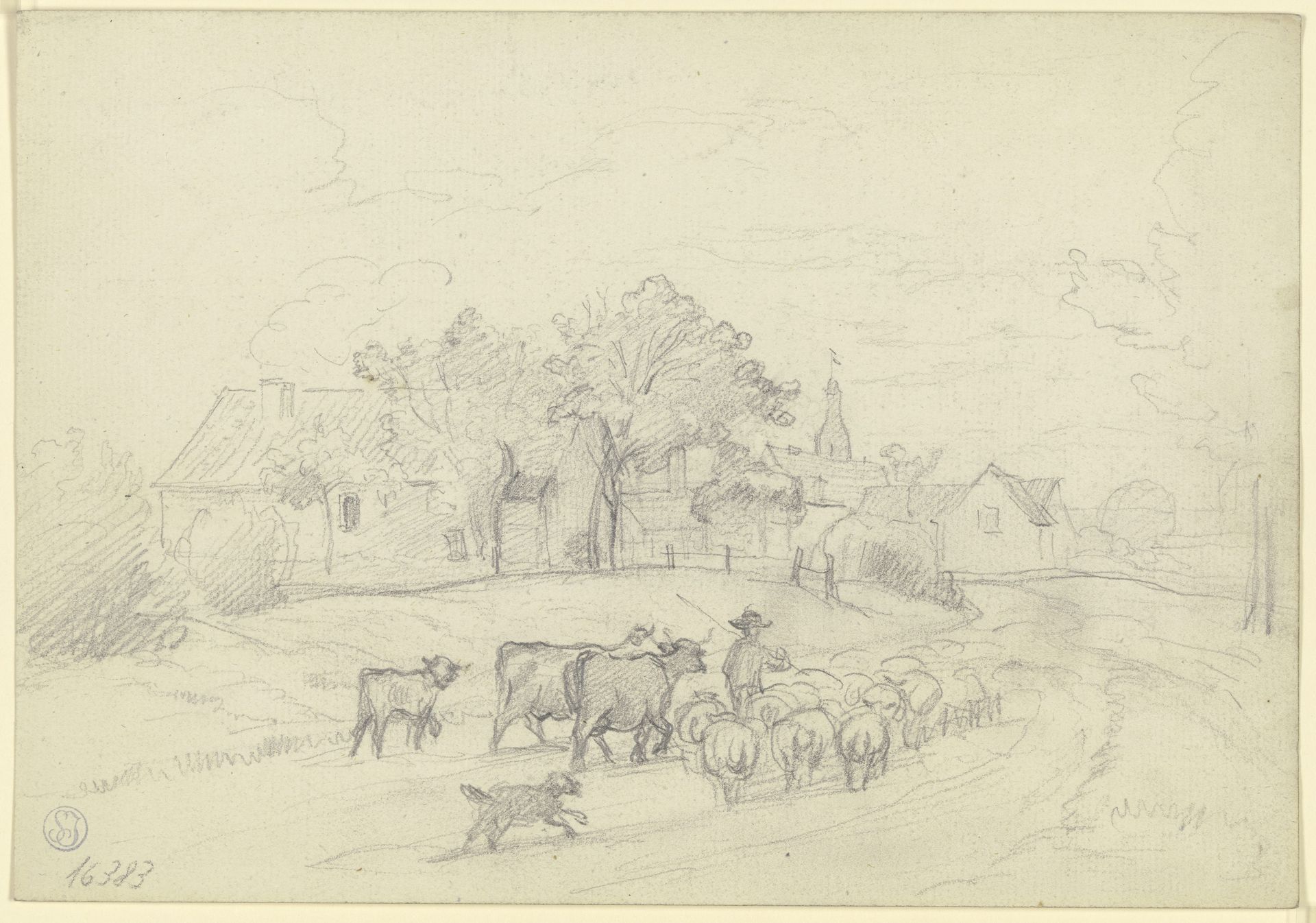 Hirte mit Herde am Dorfeingang by Otto Scholderer