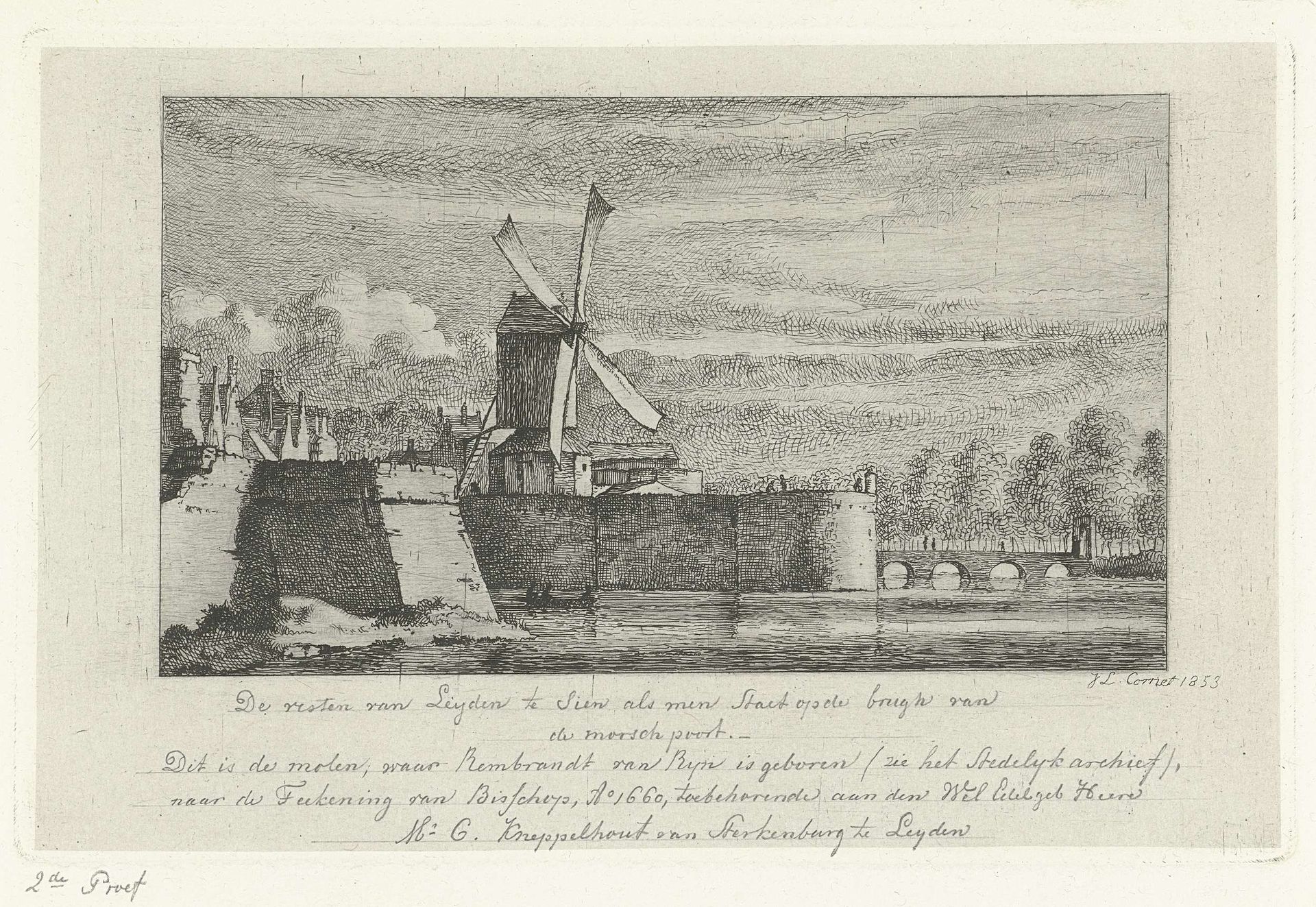 Gezicht op de vesten van Leiden by Jacobus Ludovicus Cornet