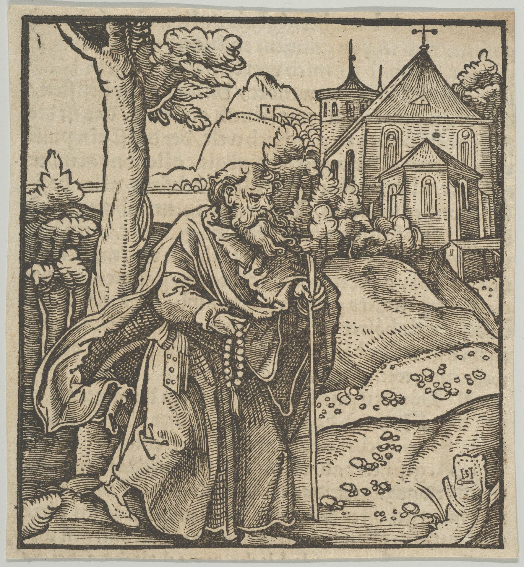 An Old Pilgrim Walking to the Right, from Hymmelwagen auff dem, wer wol lebt... by Hans Schäufelein