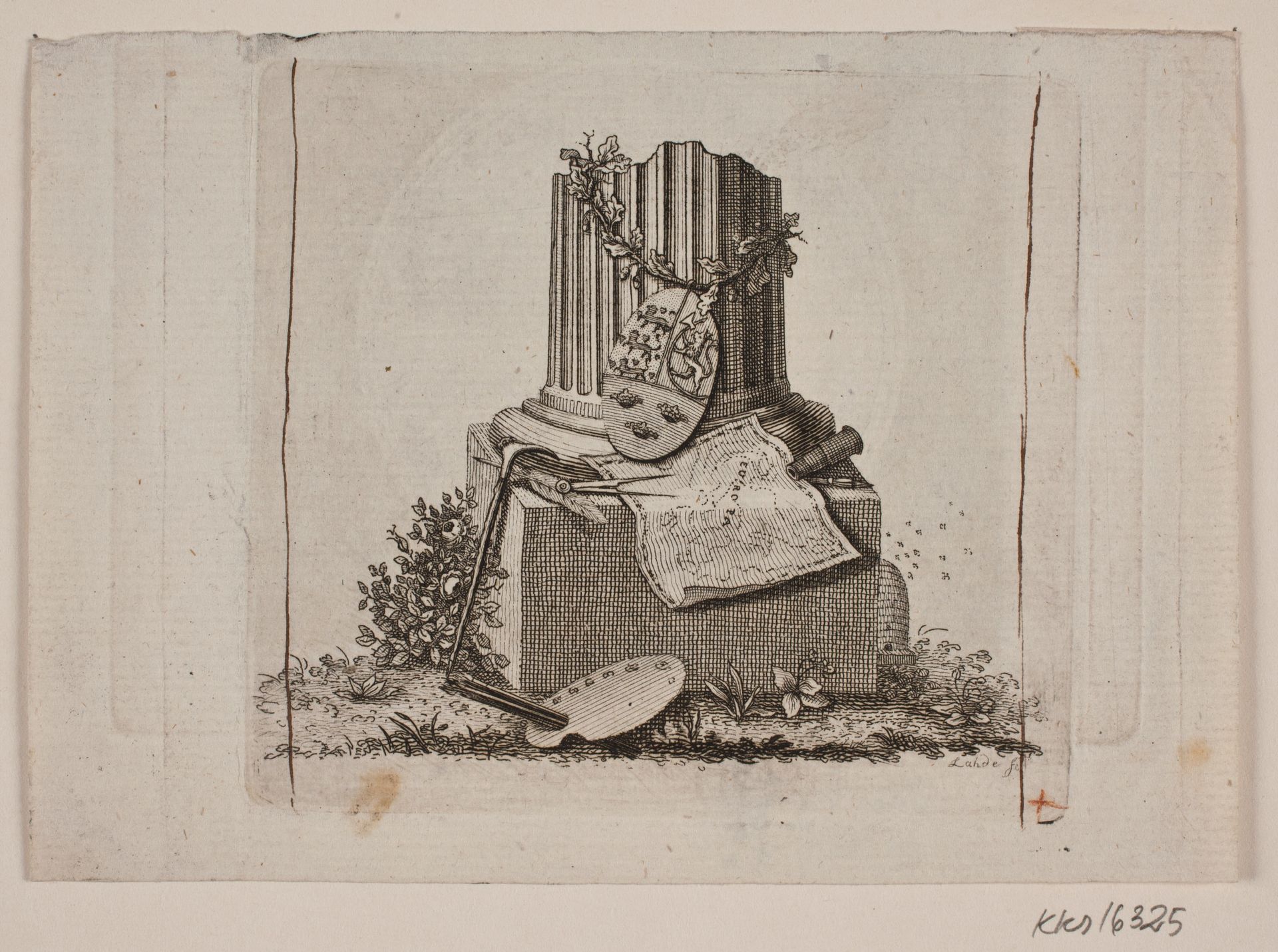 Vignet med brudt søjle og de tre nordiske rigers våben by Gerhard Ludvig Lahde