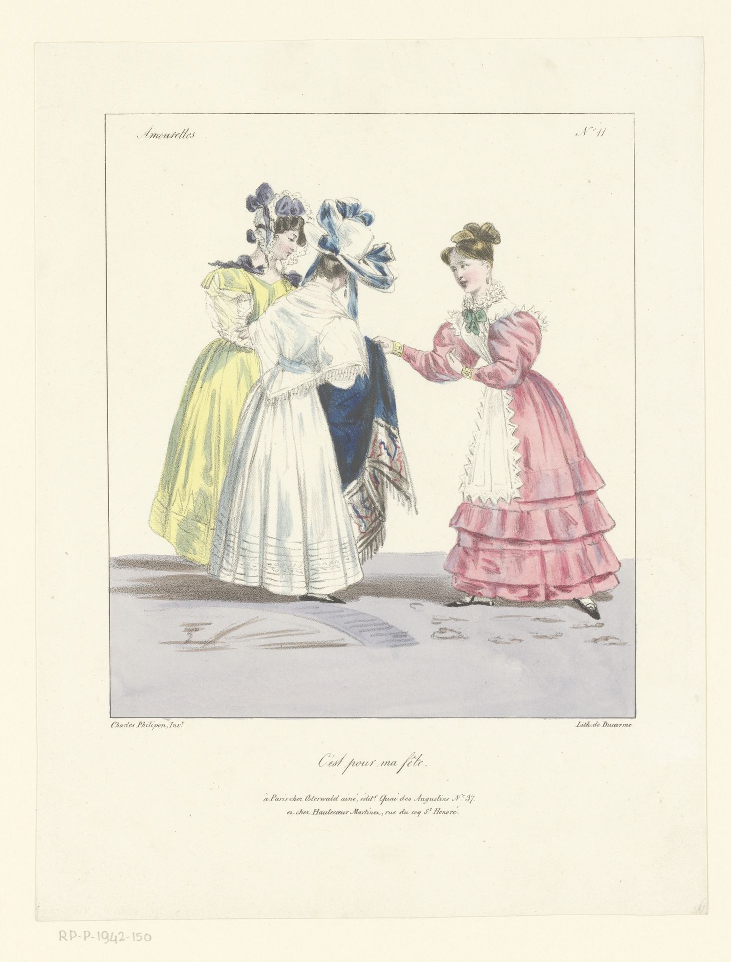 Vrouw laat twee andere vrouwen een stuk stof zien by Charles Philipon