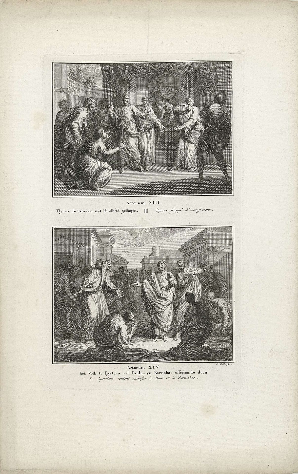 Elymas met blindheid geslagen en 
Paulus en Barnabas te Lystra by Simon Fokke