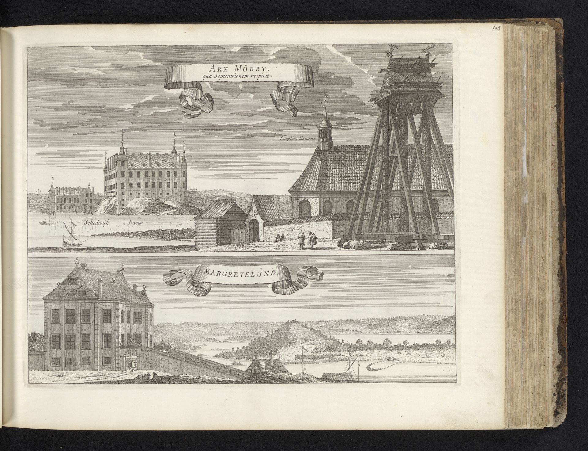 Gezicht op kasteel Mörby vanuit het noorden en slot Margretelund by Jean Lepautre