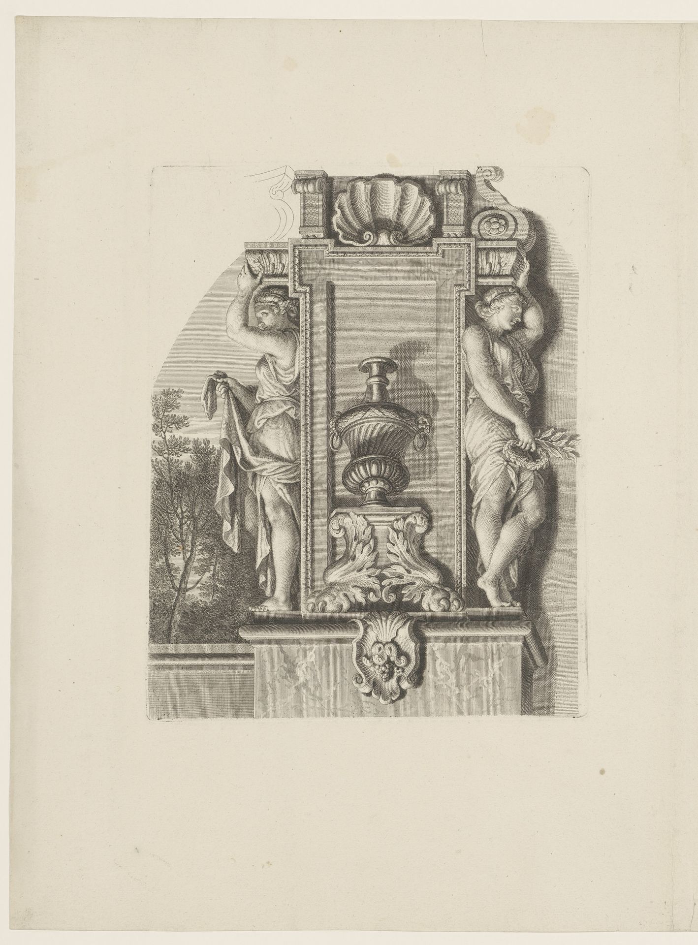 Plafondschildering met twee kariatiden by Jean-Baptiste de Poilly