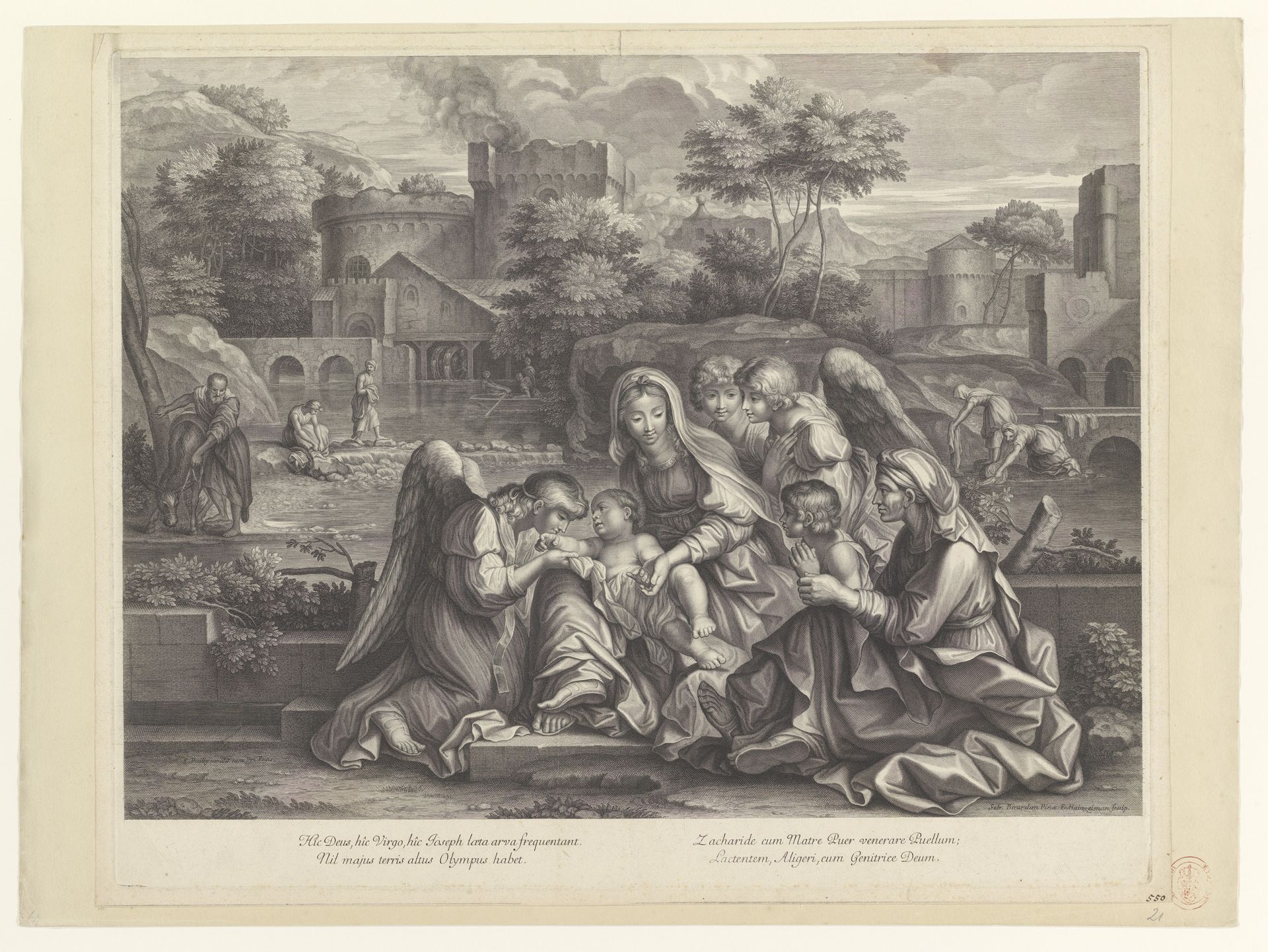 Heilige Familie met Anna, Johannes de Doper en engelen by Elias Hainzelmann