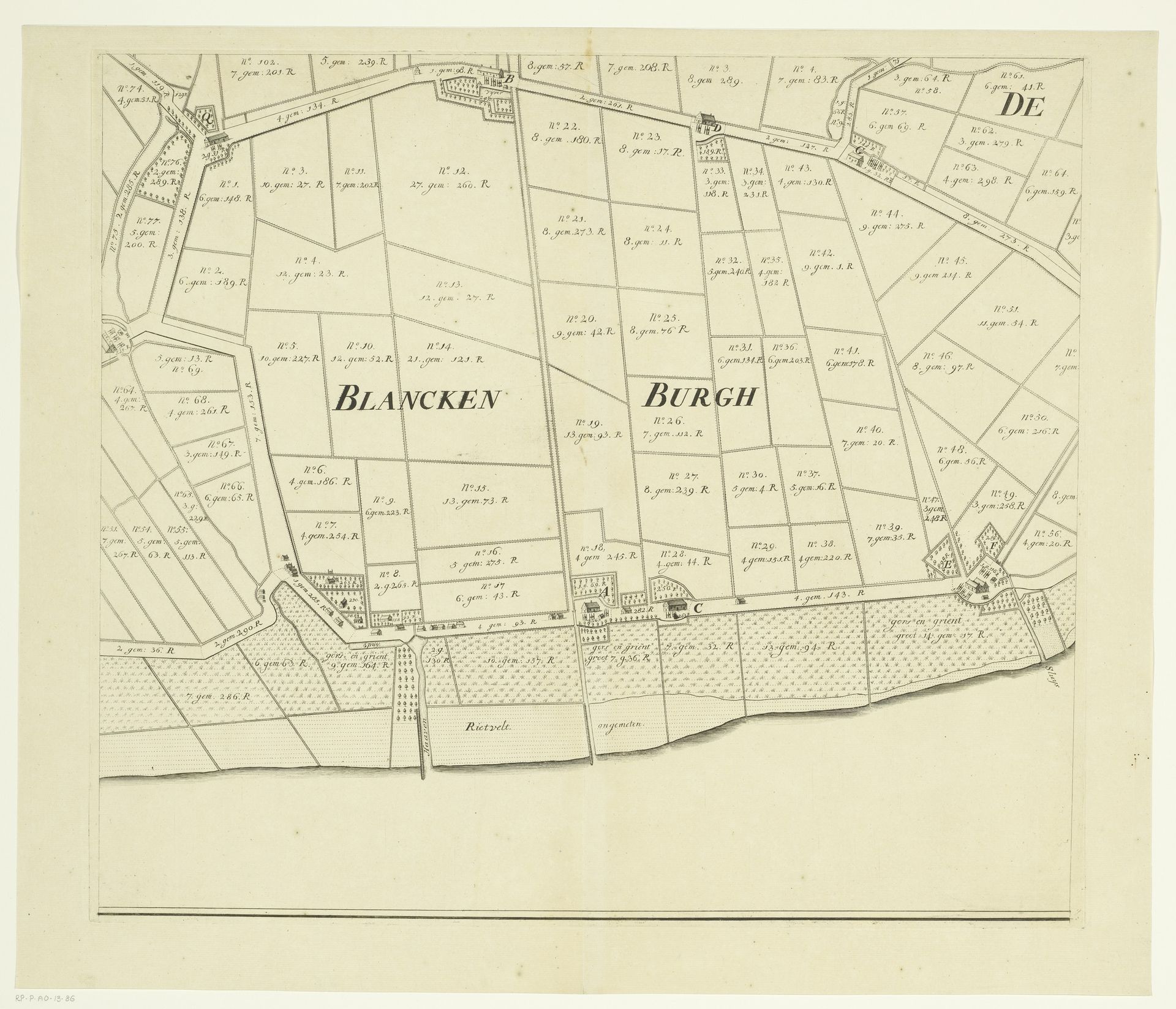 Kaart van het eiland Rozenburg (derde deel van onder) by Anonymous