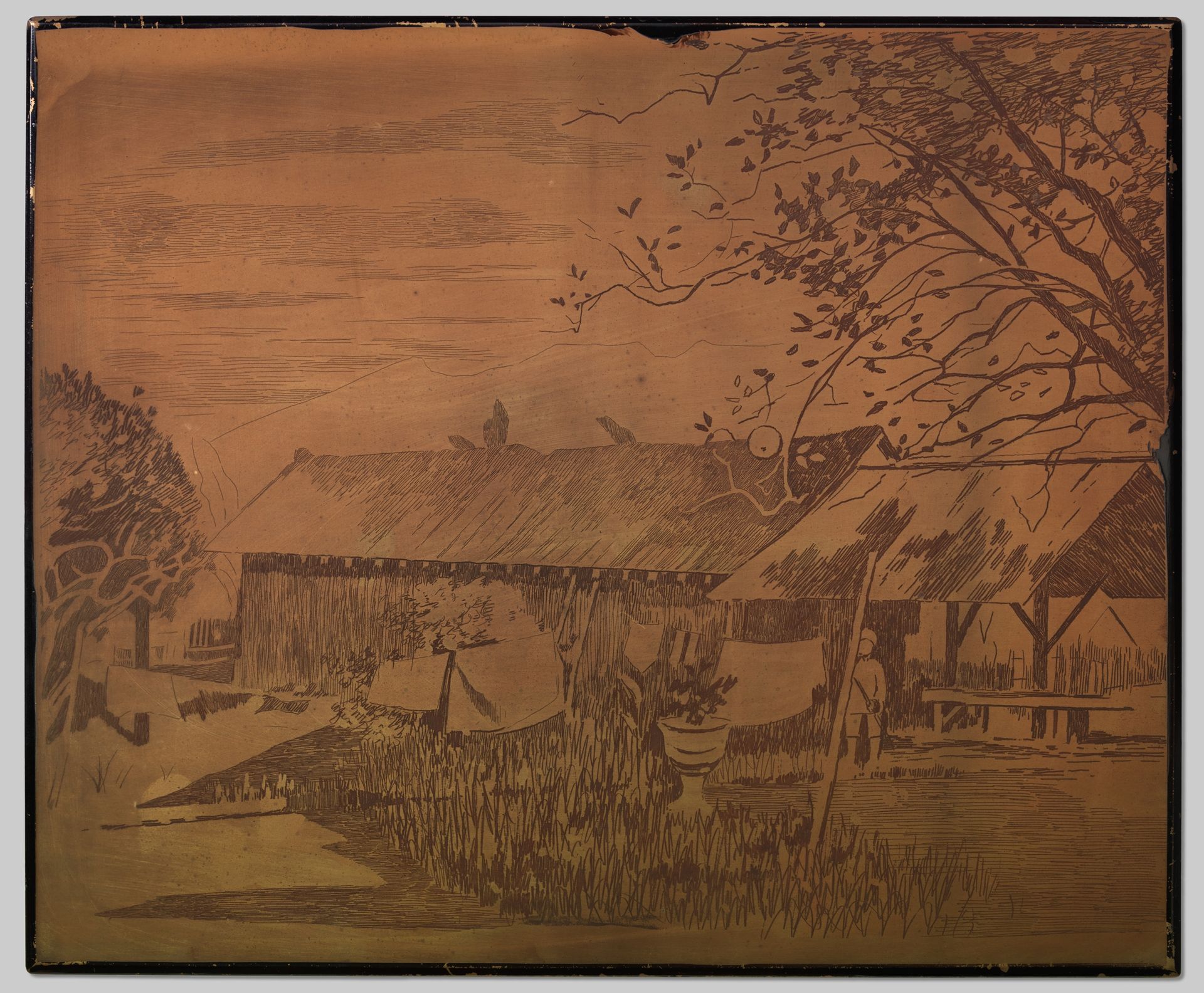 Gambar, lang bijgebouw, drogende was op de voorgrond by Willem Witsen