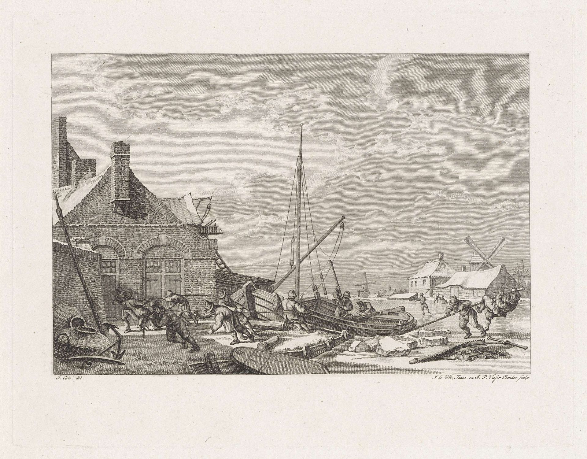 Mannen trekken een schuit uit het ijs op de wal by Izaak Jansz. de Wit