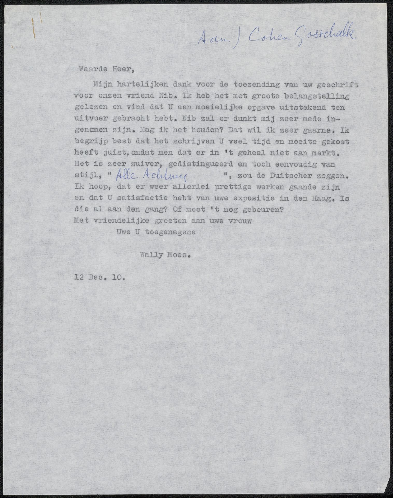 Brief aan Johan Henri Gustaaf Cohen Gosschalk by Wally Moes