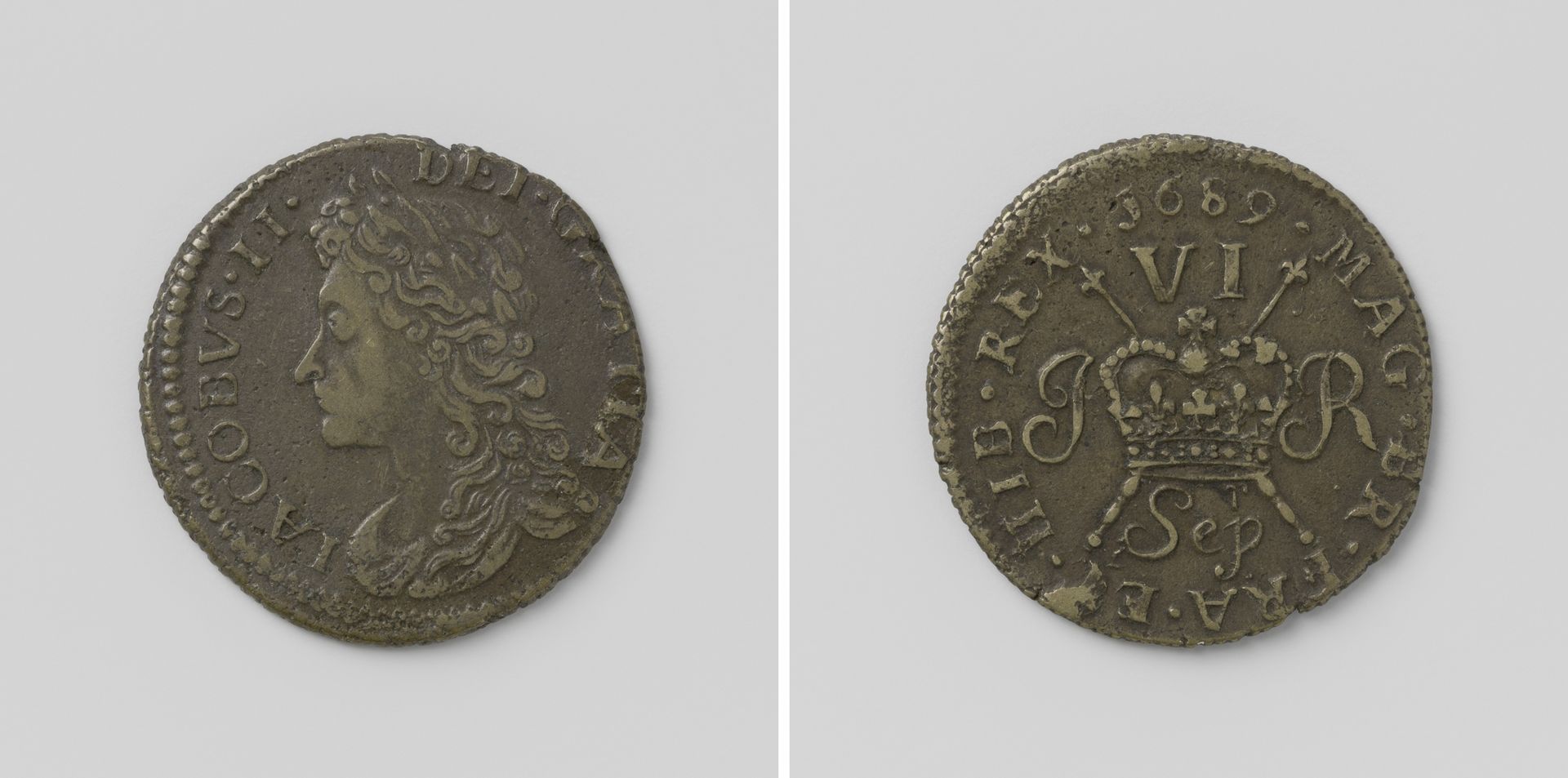 Zes pence, noodnunt van Jacobus II, koning van Engeland, uit september 1689 by Anonymous