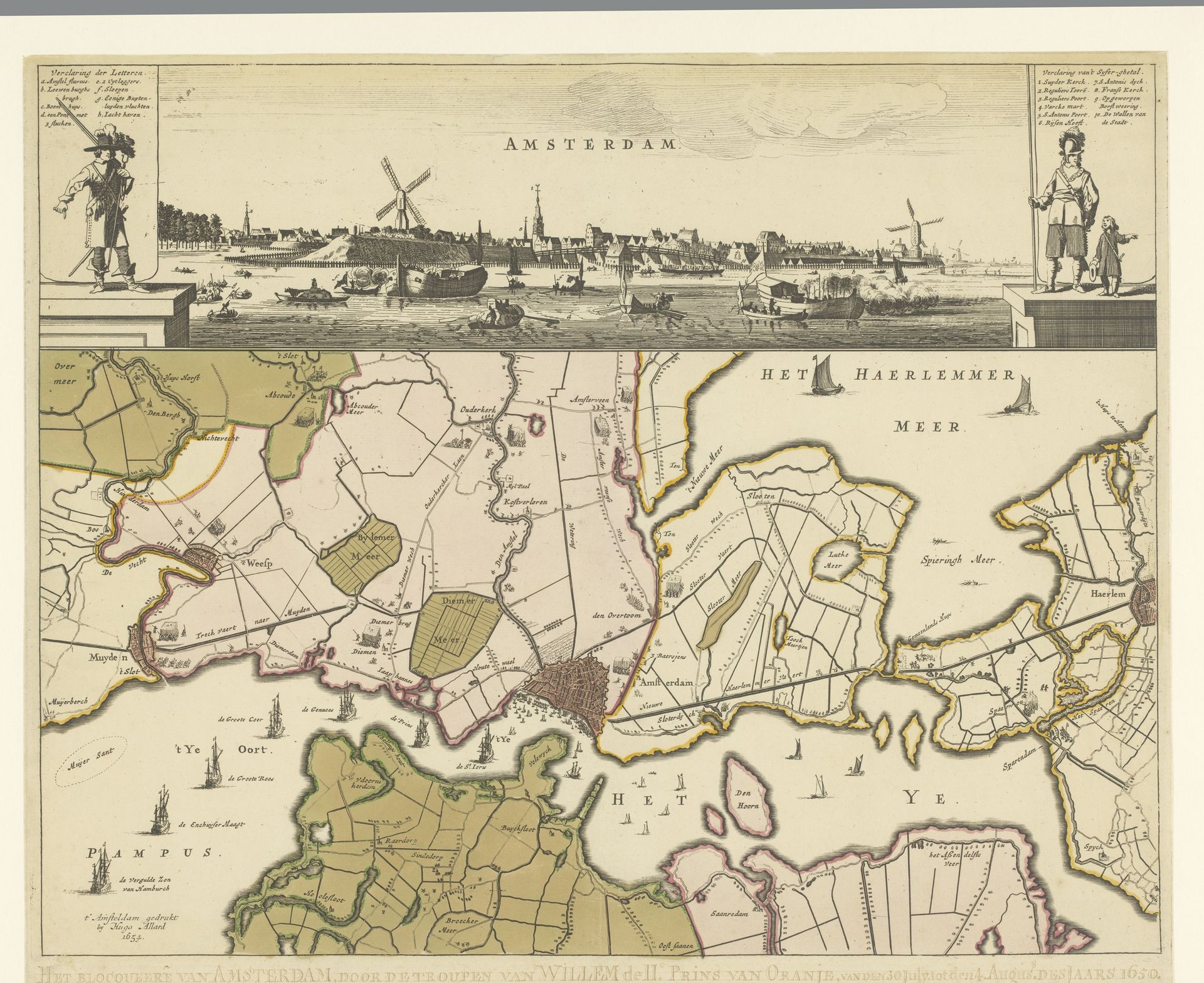 Profiel van Amsterdam met een kaart van de blokkade door de troepen van Willem II, 1650 by Pieter Nolpe