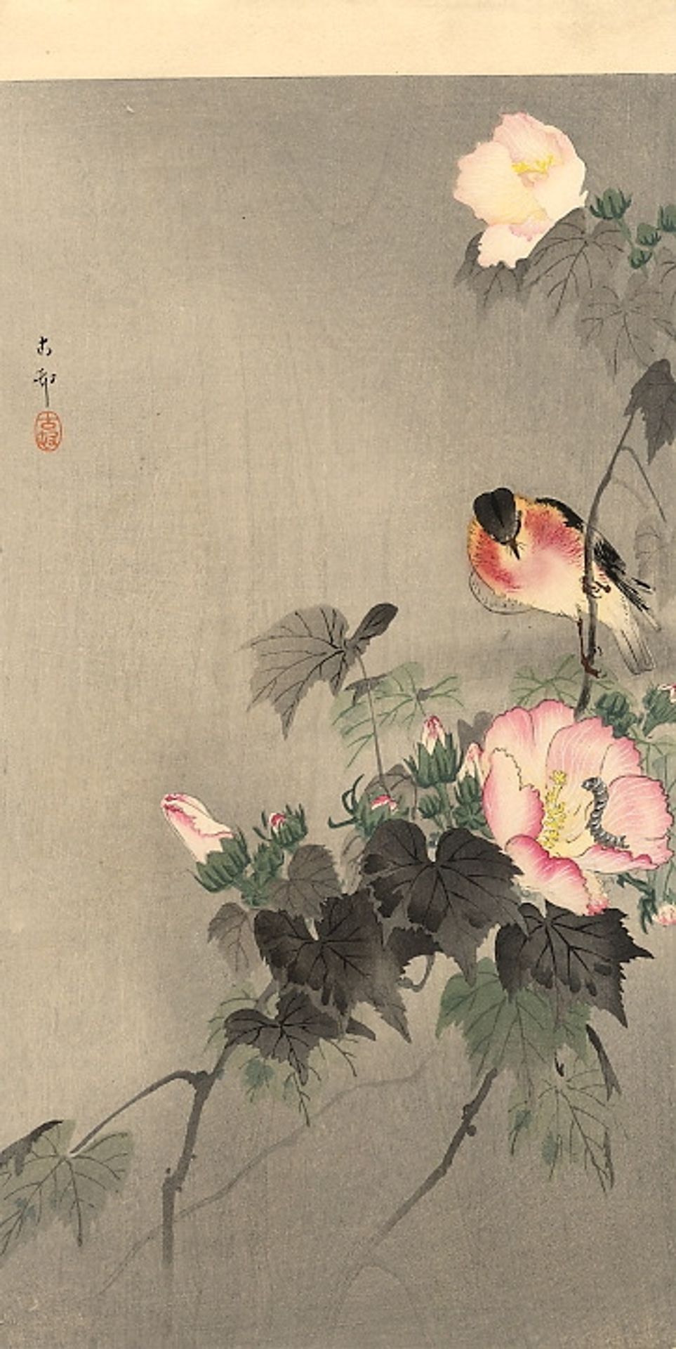 Stonechat and blossoming flower by Ohara Koson