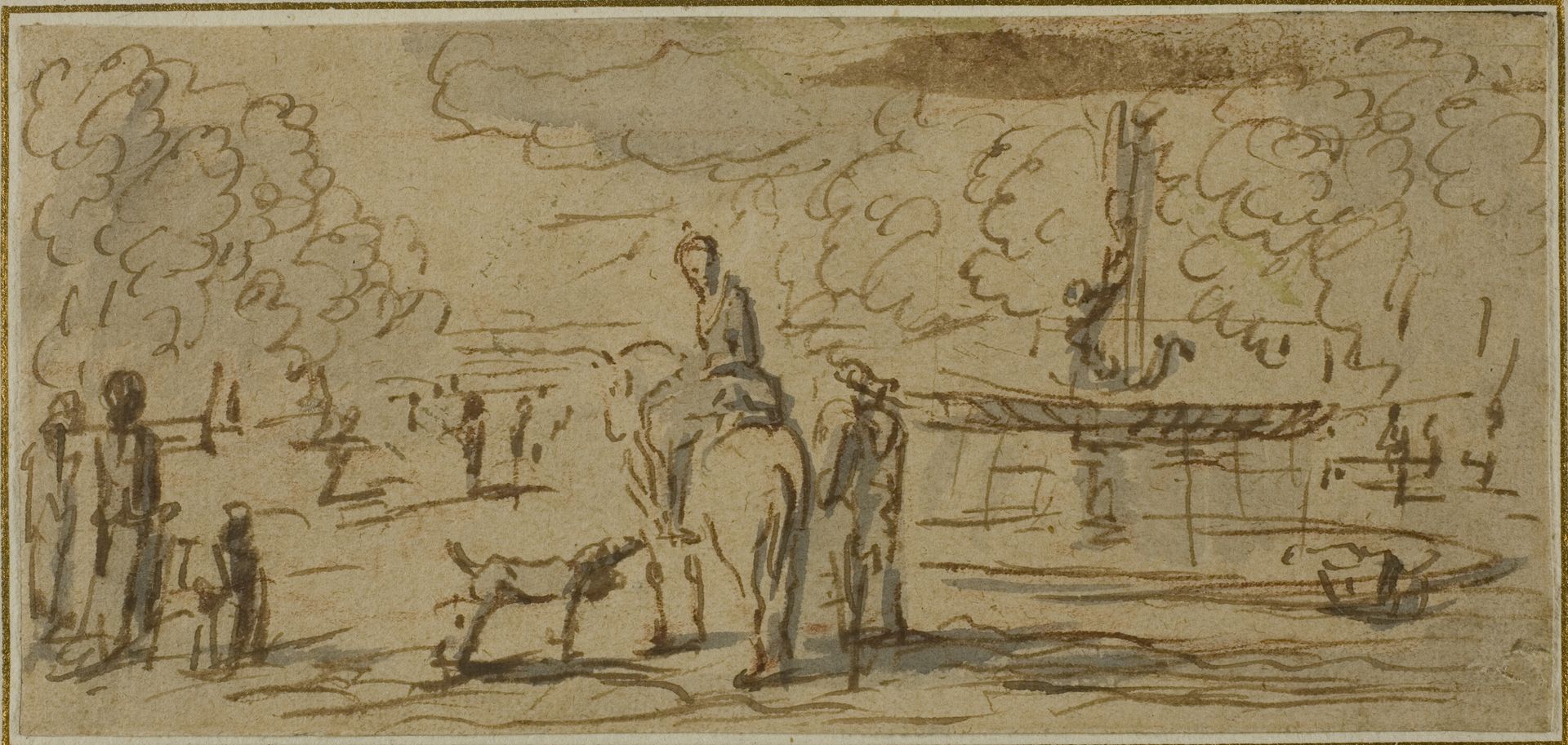 Figures Walking and on Horseback in a Park by Anonymous