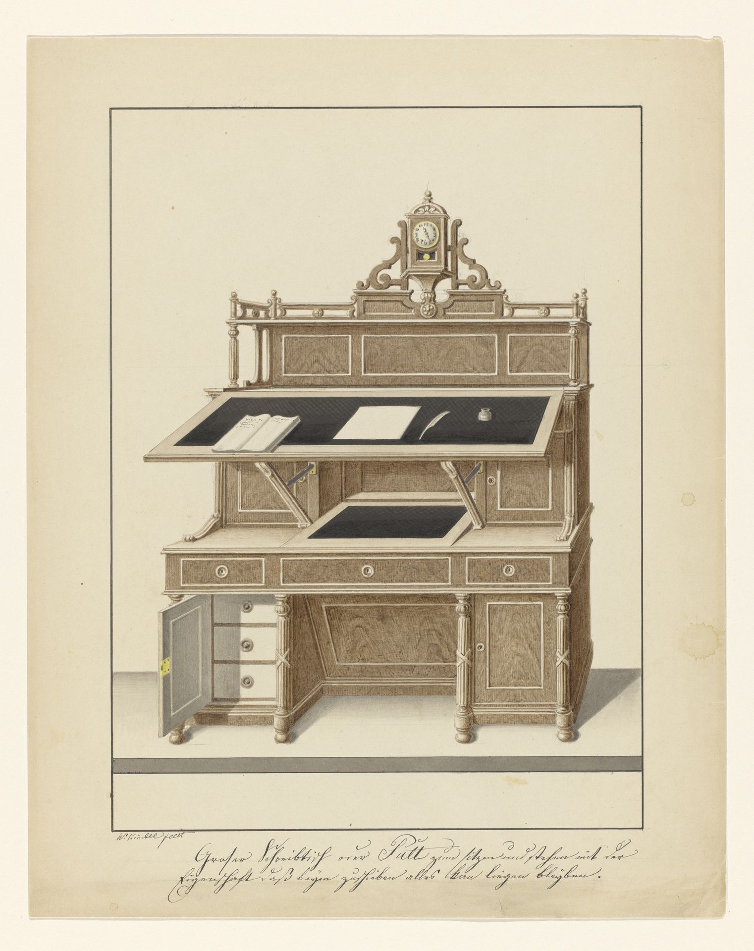 Ontwerp voor een bureau met een klok by Wilhelm Kimbel