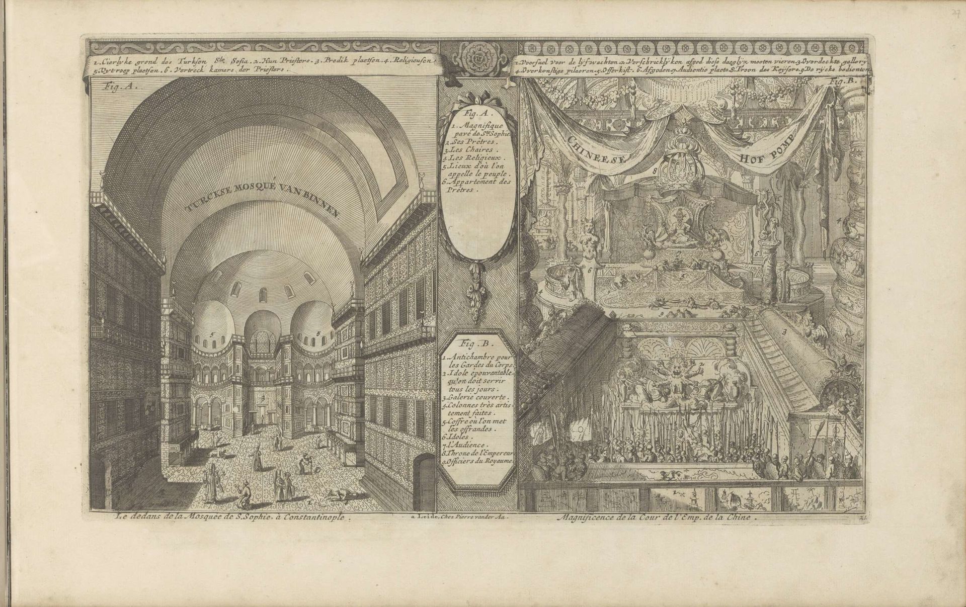 Turkse moskee in Constantinopel; Keizerlijk hof in China by Romeyn de Hooghe