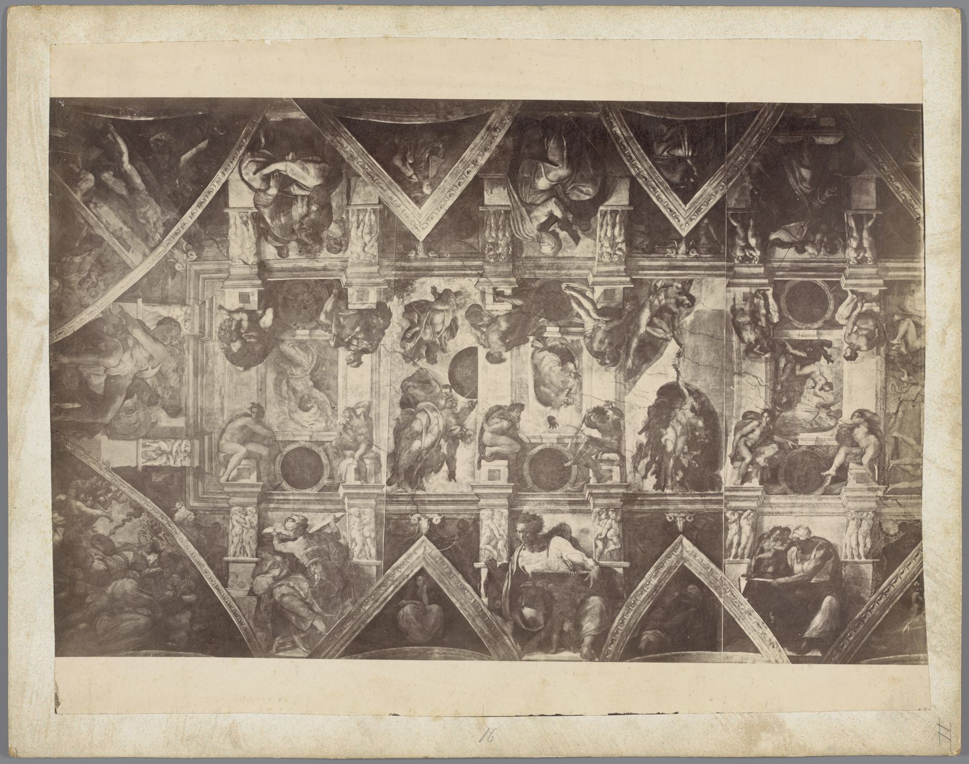 Fotoreproductie van een deel van de fresco's op het plafond van de Sixtijnse Kapel te Vaticaanstad door Michelangelo, voorstellende de Schepping by Anonymous