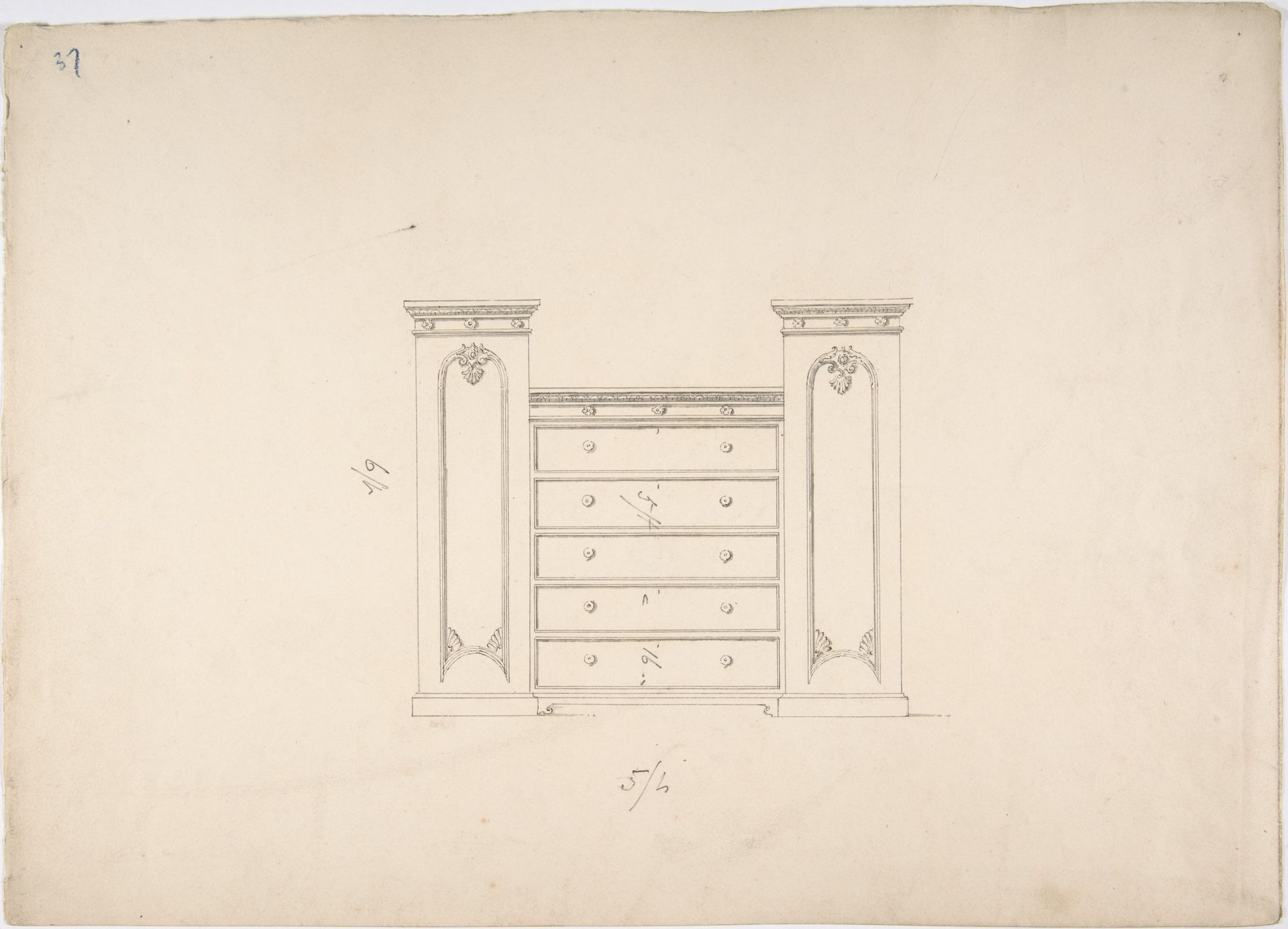 Design for a Cabinet with Central Drawers and Palmeate Ornament by Anonymous