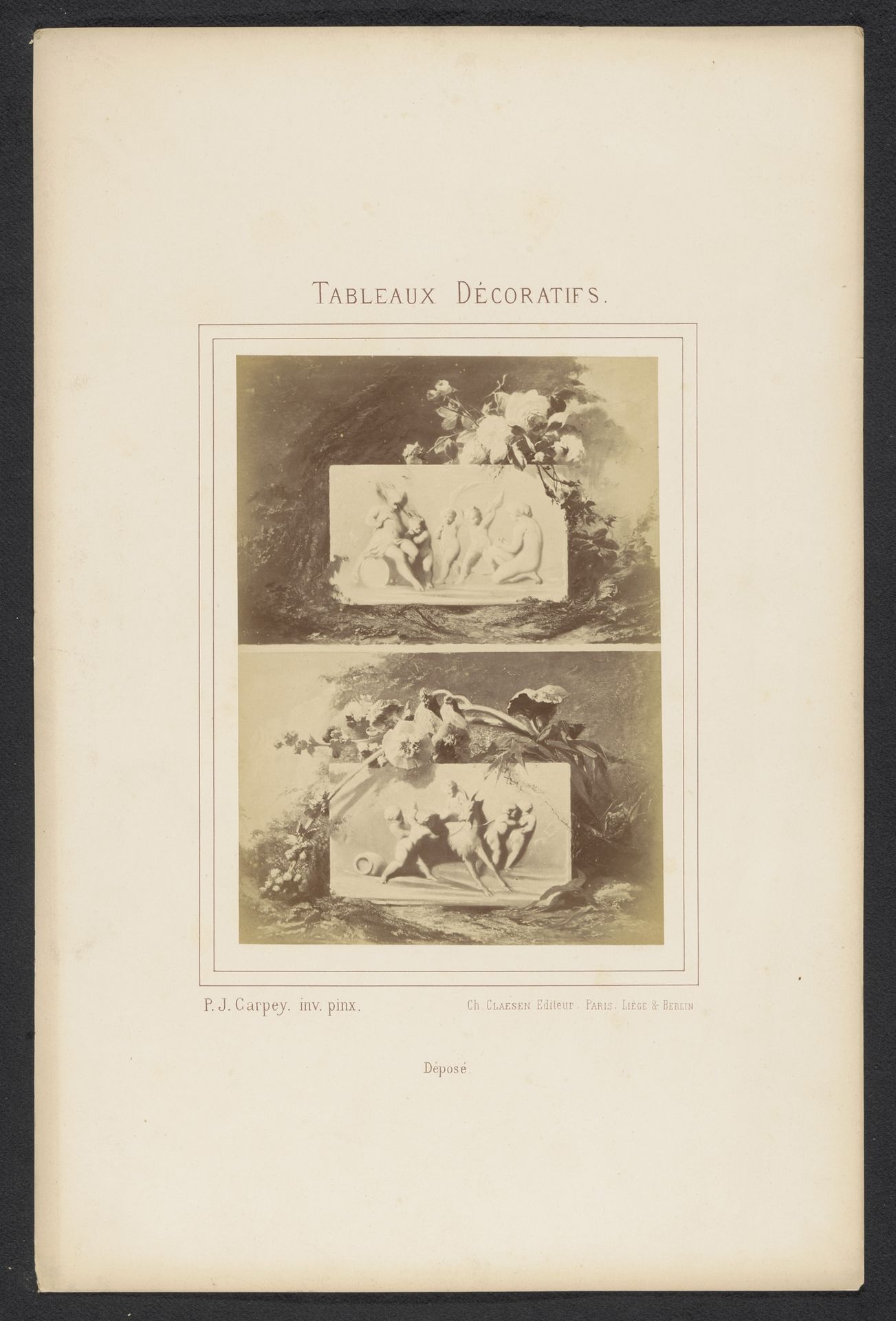 Twee fotoreproducties van schilderijen van scenes met putti omringd door bloemen, door P. J. Carpey by Charles Claesen