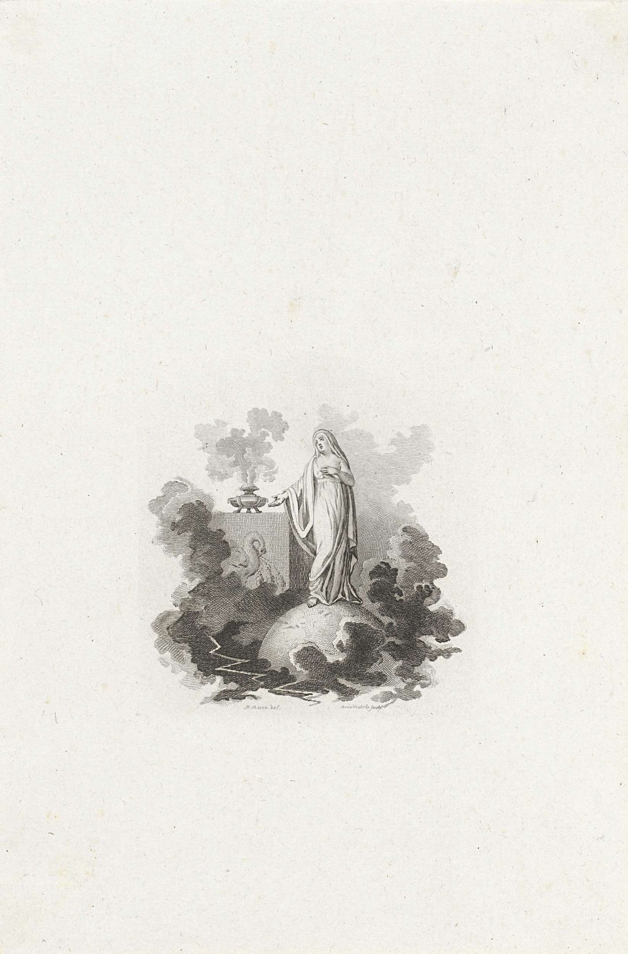 Vignet met een vrouw op een bol in de wolken bij een wierookvat by Reinier Vinkeles