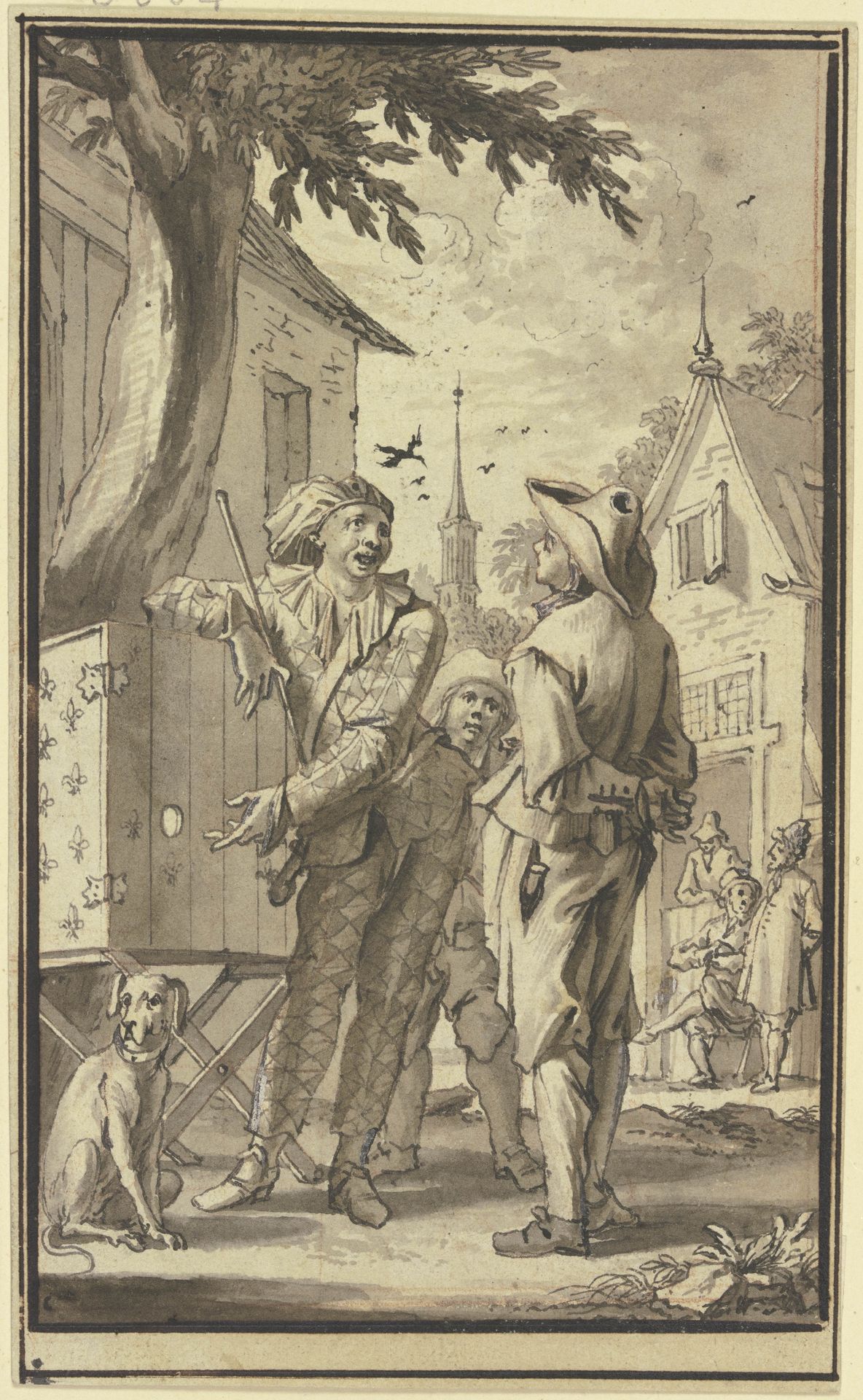 Harlekin, der einen Guckkasten voführt by Jan Goeree
