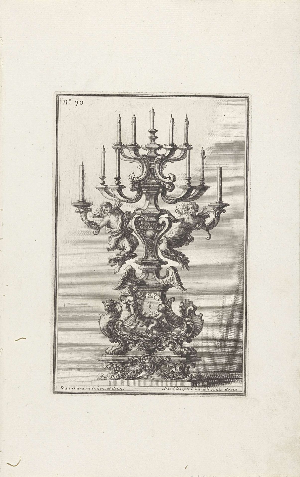 Kandelaar met vier gevleugelde figuren en een klok by Maximilian Joseph Limpach