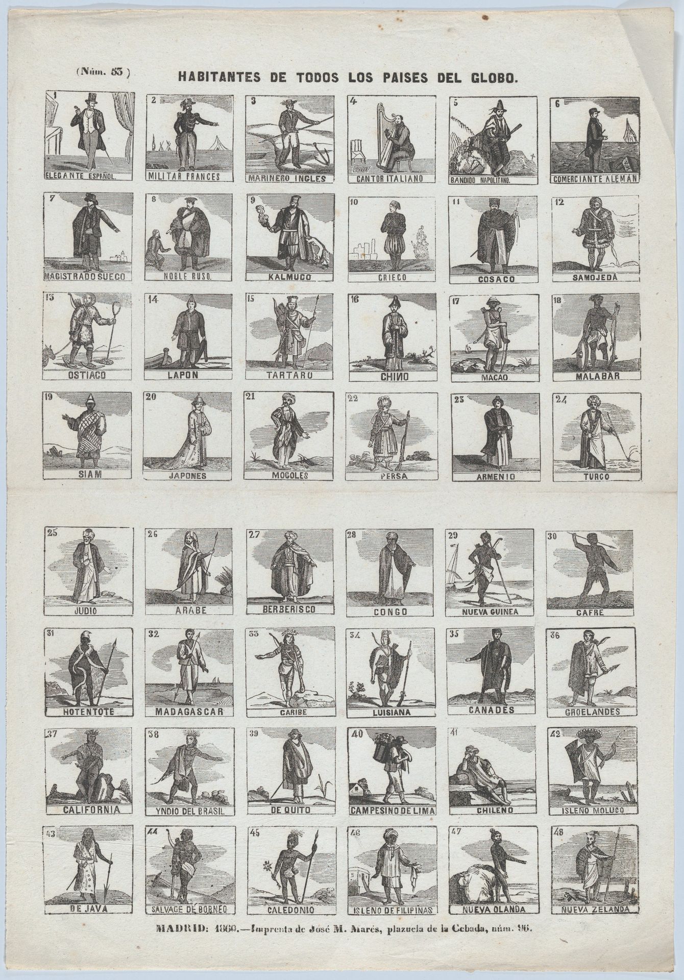 Broadside with 48 scenes depicting the people of the world by José María Marés