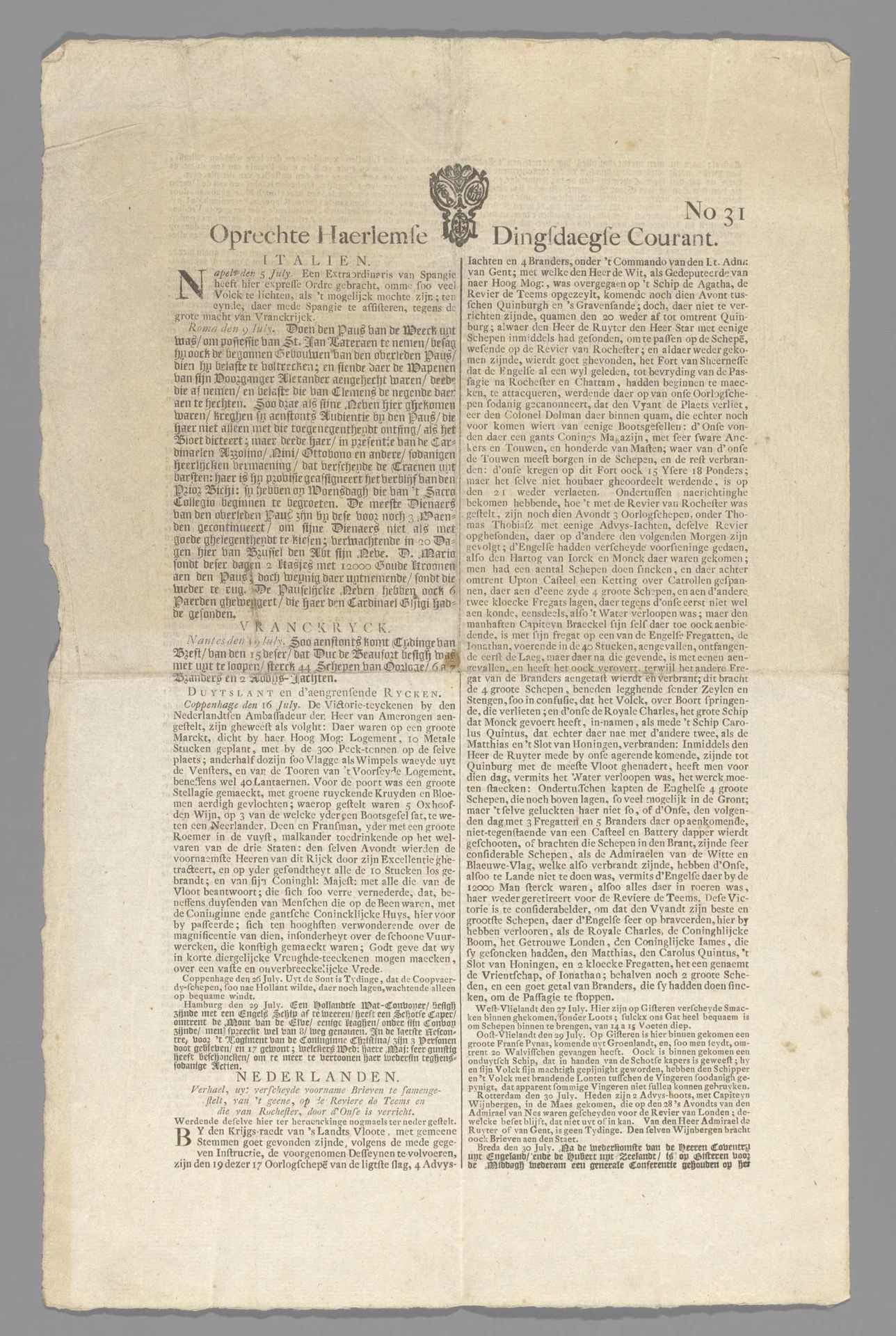 Oprechte Haerlemse Courant (no. 31) van dinsdag 2 augustus 1667 met een verslag van de Tocht naar Chatham by Abraham Casteleyn