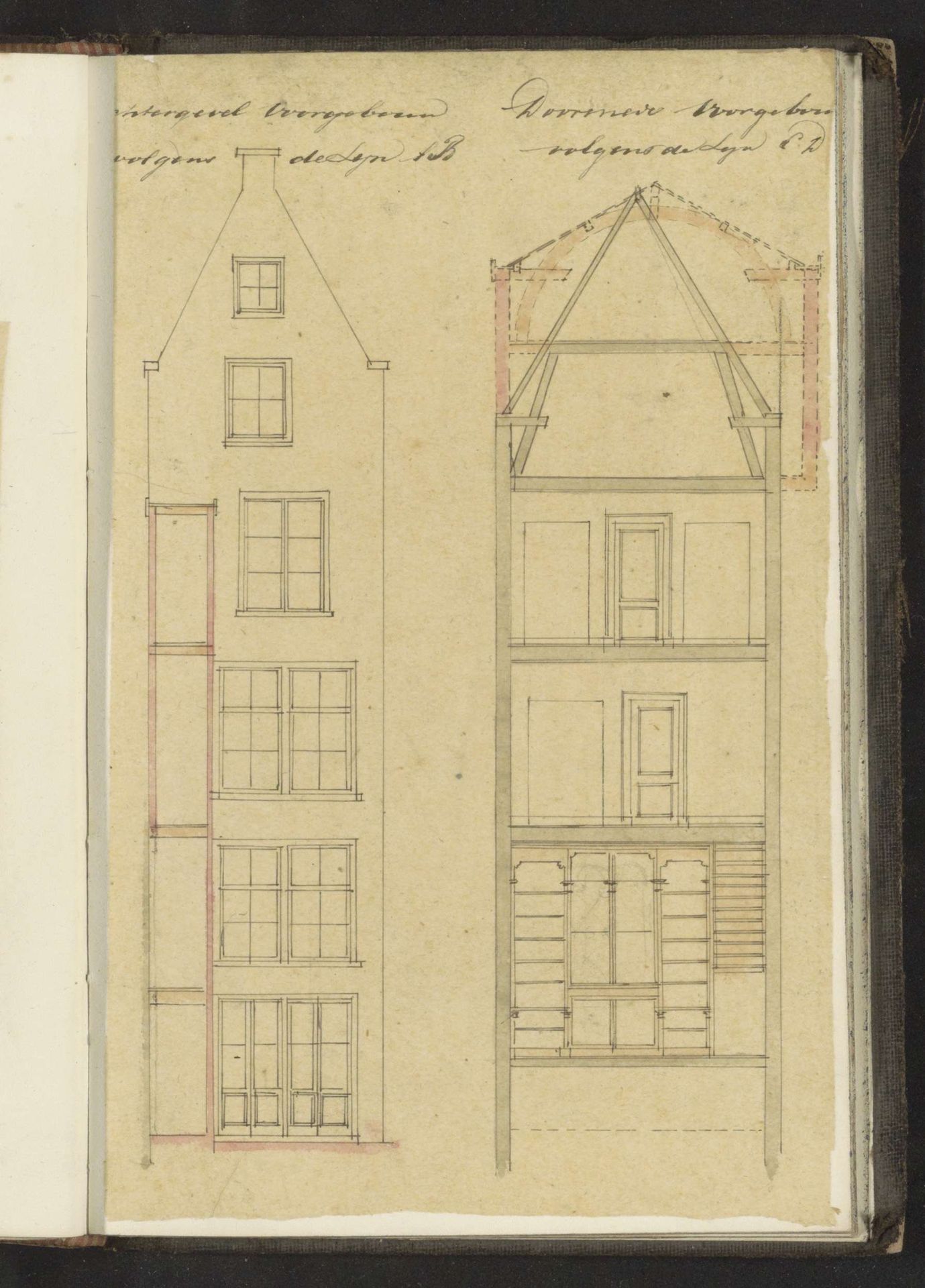 Achtergevel en doorsnede van een voorgebouw by Willem Springer jr.