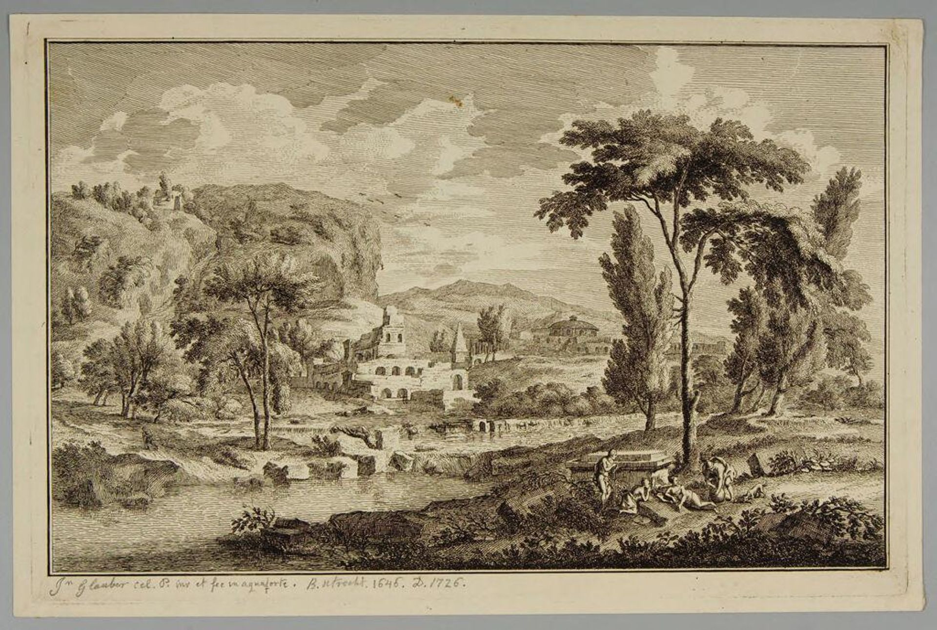 Classical Landscape with Four Figures and a Dog on the Near Bank of a River by Attributed to Jan Glauber