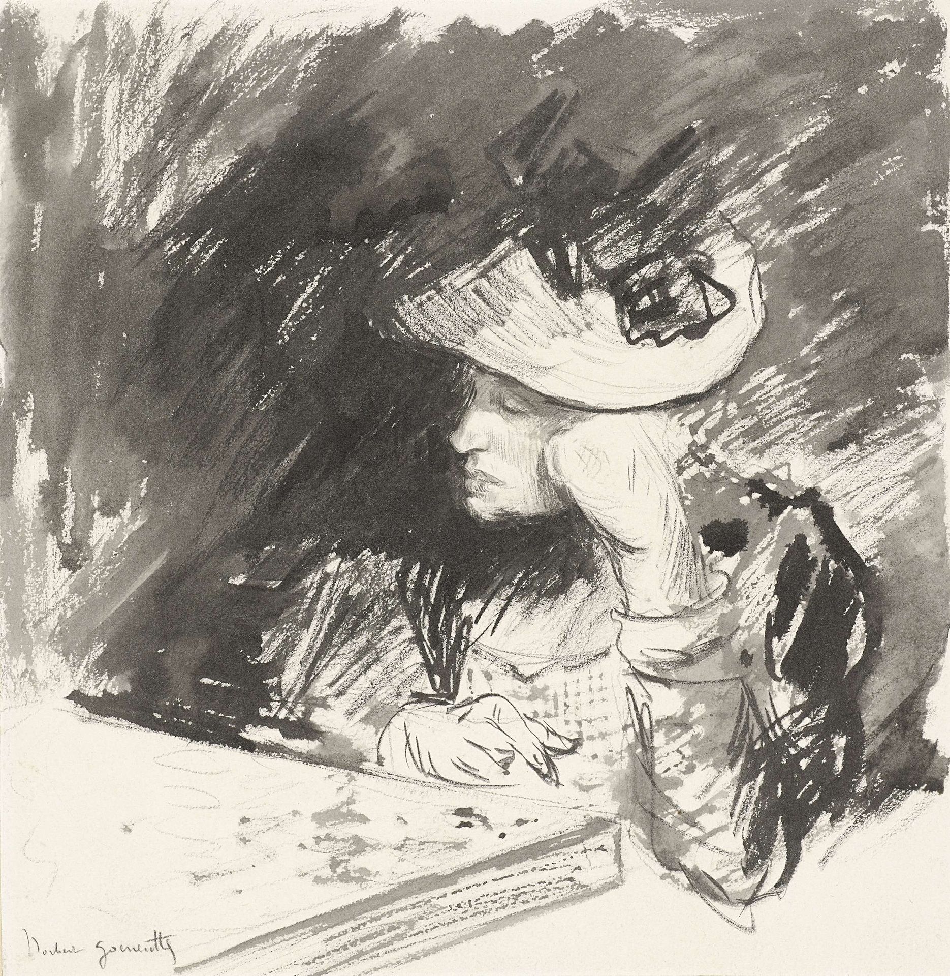 Dame met stroohoed zit peinzend aan een tafel by Norbert Goeneutte