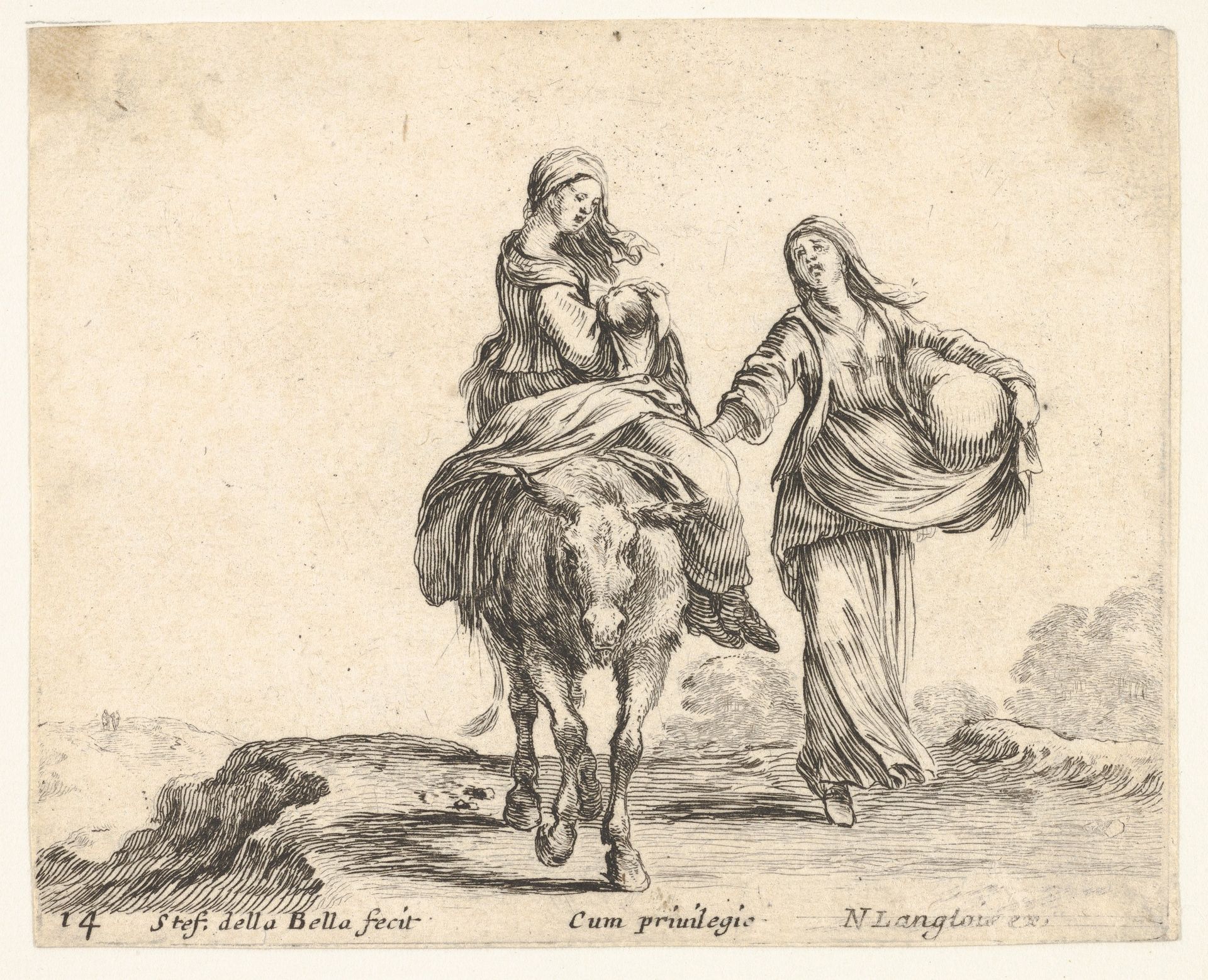 Plate 14: a young peasant woman and her child sitting side saddle atop a horse in center, another peasant woman to right, holding a large bag in her left arm, from 'Diversi capricci' by Stefano della Bella
