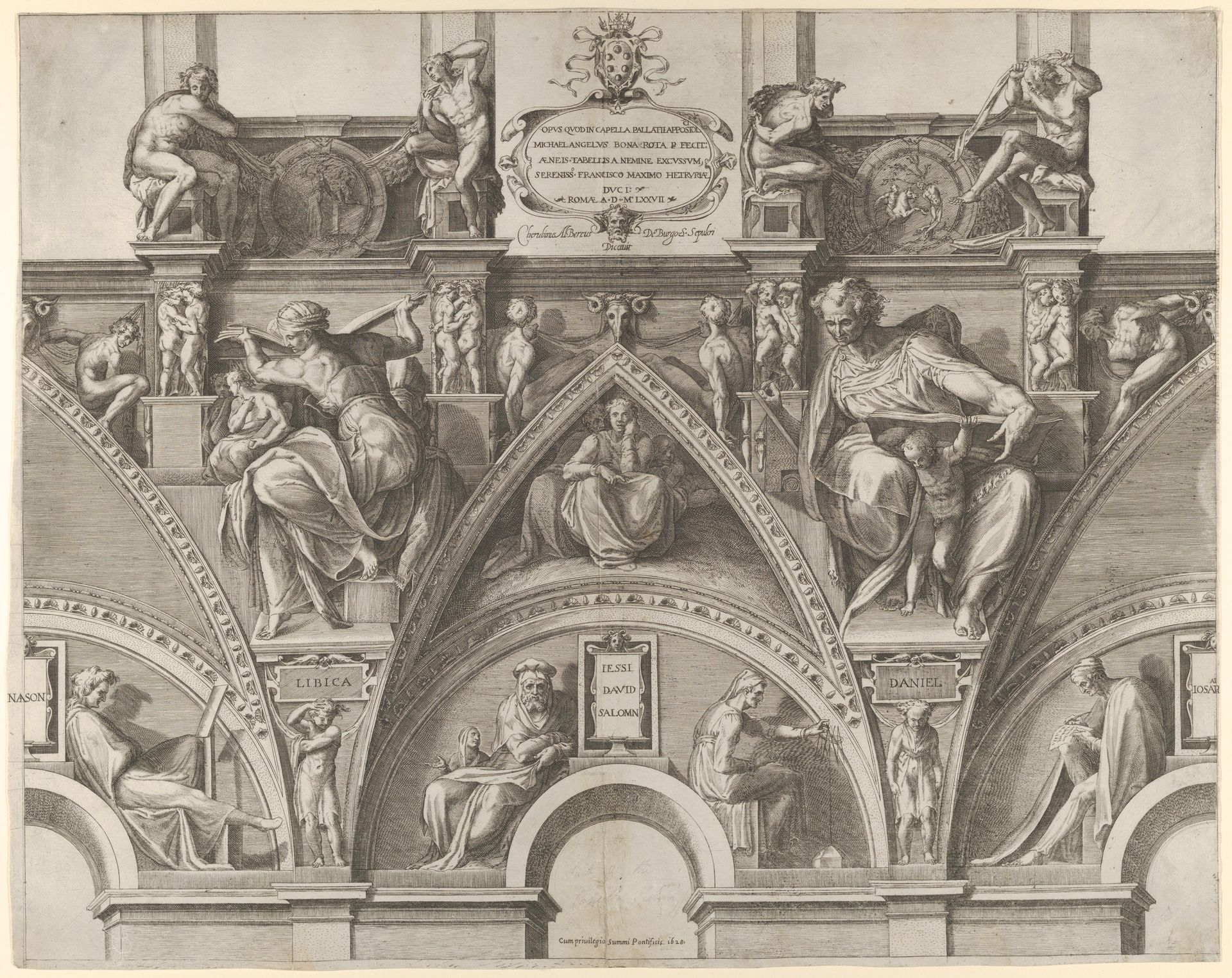 Portion of the Ceiling of the Sistine Chapel with the Libyan Sibyl, Prophet Daniel, Jesse, David, and Solomon, from Sibyls and Prophets from the Sistine Chapel Vaults by Cherubino Alberti