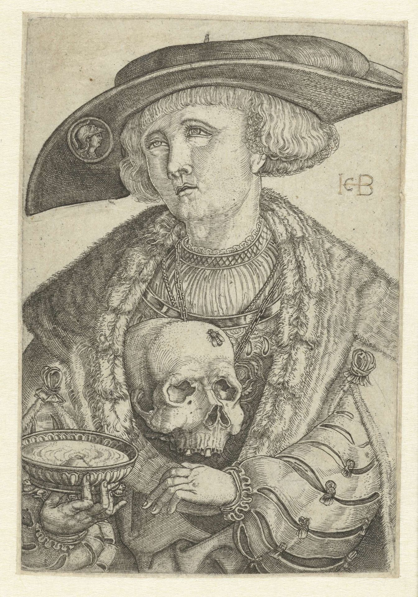 Zelfportret met schedel en schaal by Jacob Binck