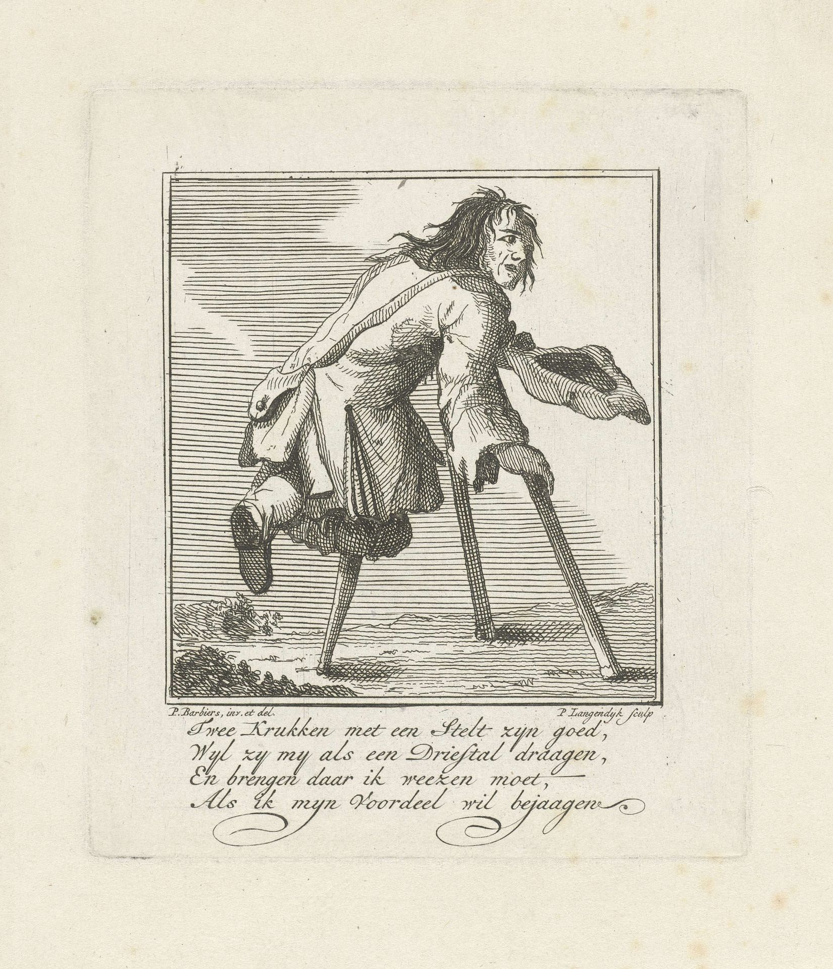 Bedelaar met twee krukken en een houten been by Pieter (II) Langendijk