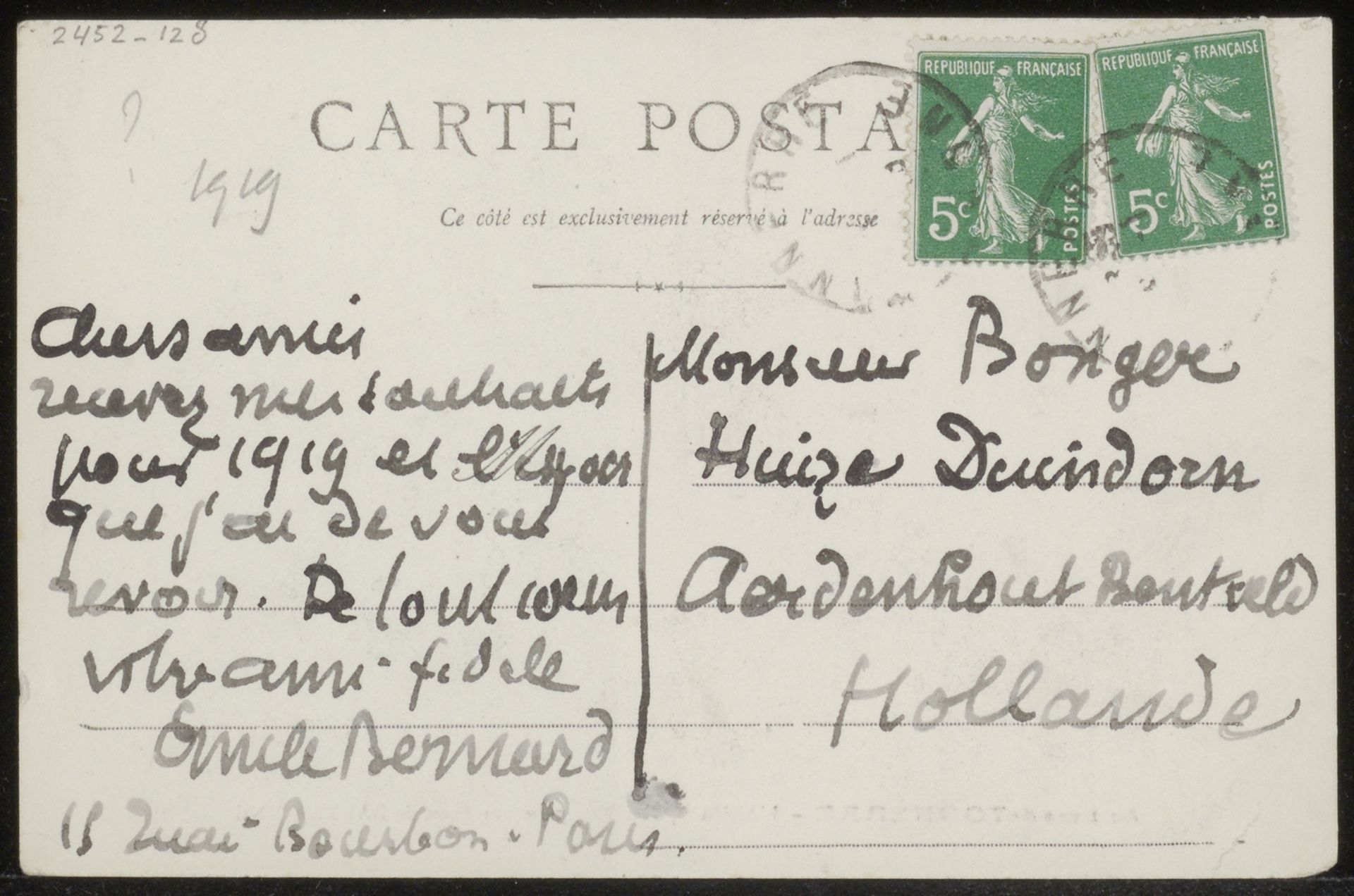 Prentbriefkaart aan Andries Bonger by Emile Bernard
