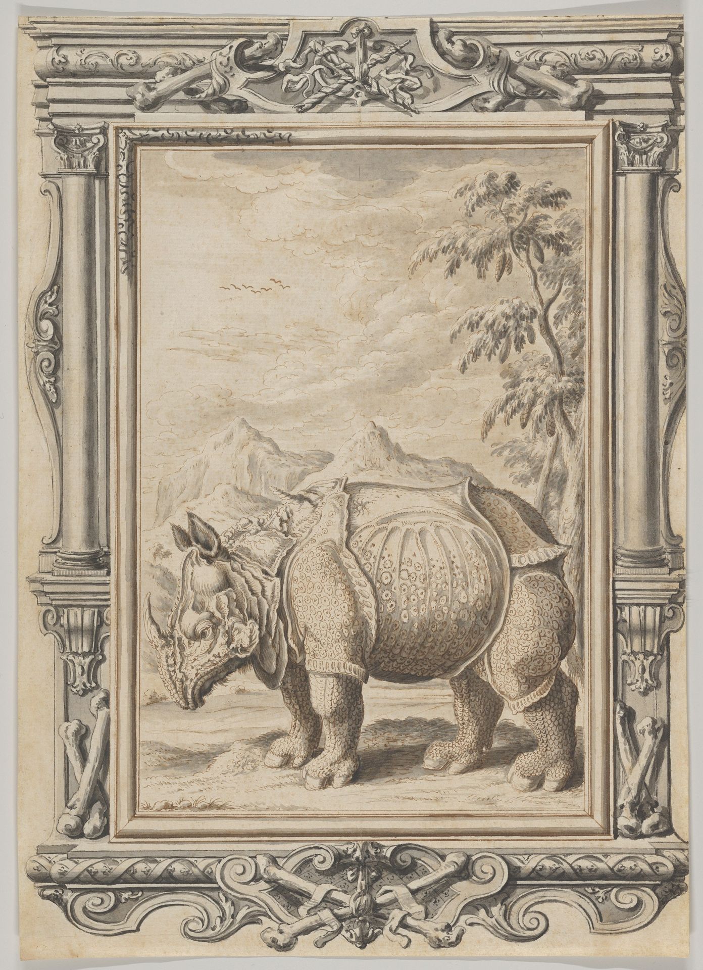 Rhinoceros in a Landscape within an Ornamental Frame by Johann Melchior Füssli