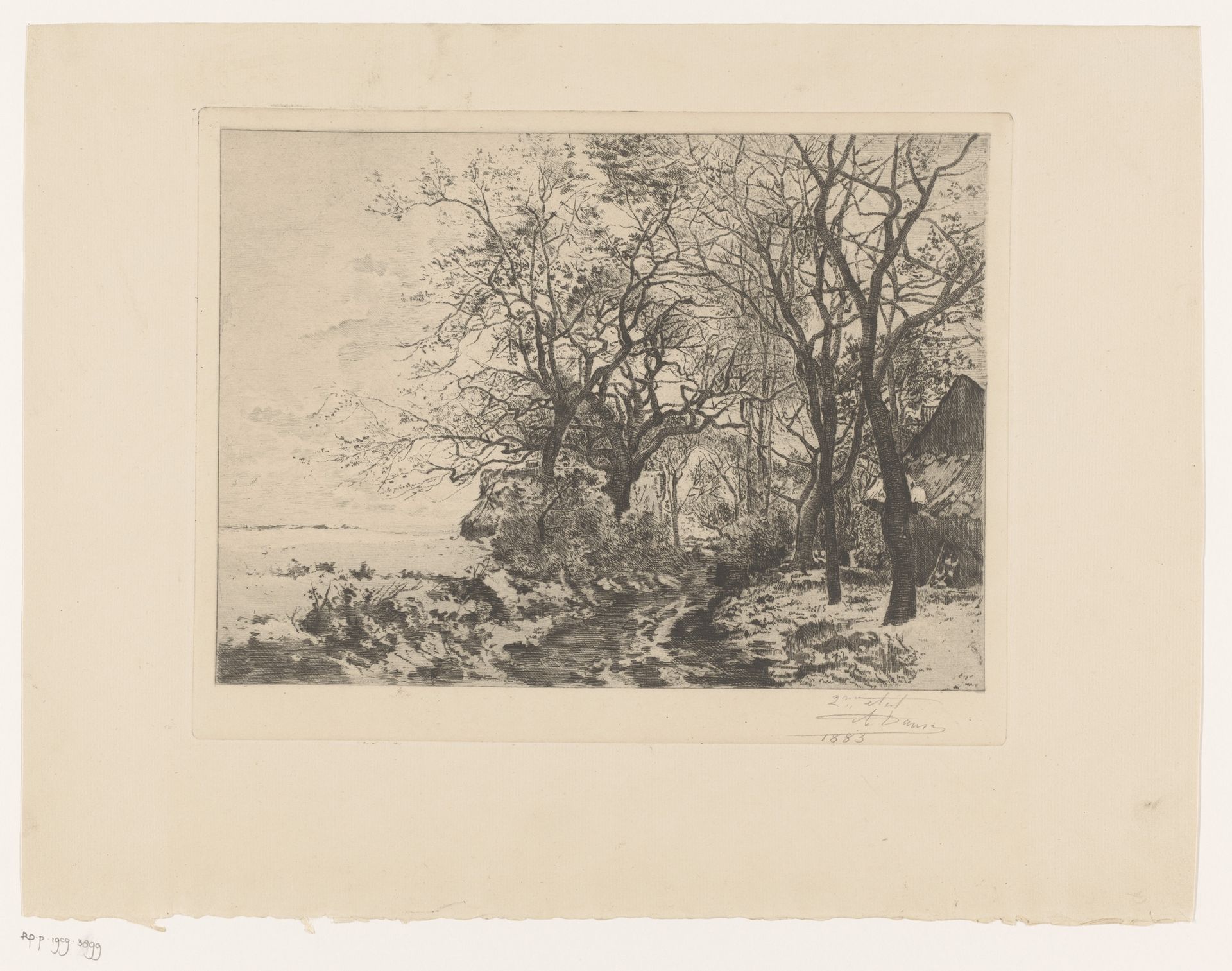Sneeuwlandschap met een schuur aan de bosrand by Auguste Danse