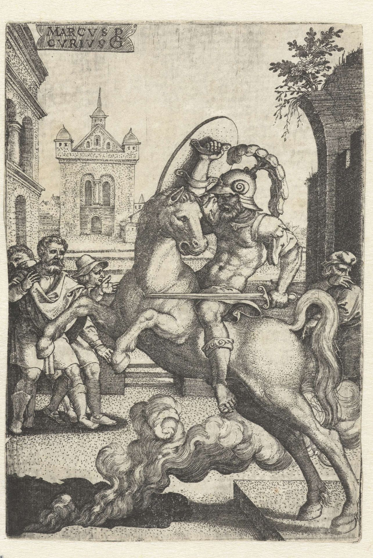 Marcus Curtius stort zich in een kloof by Georg Pencz