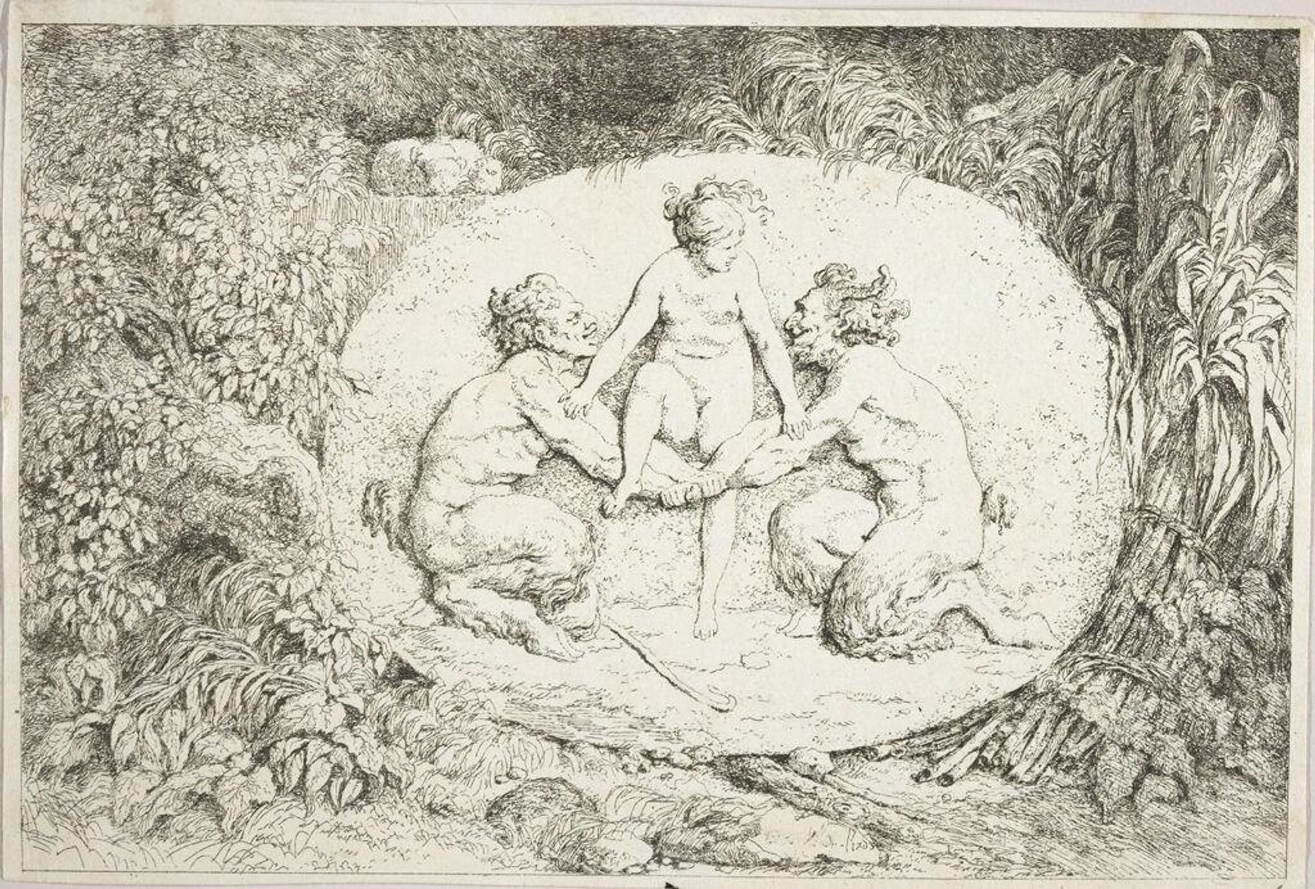 Plate One: Nymph Stepping Over the Arms of Two Satyrs by Jean-Honoré Fragonard