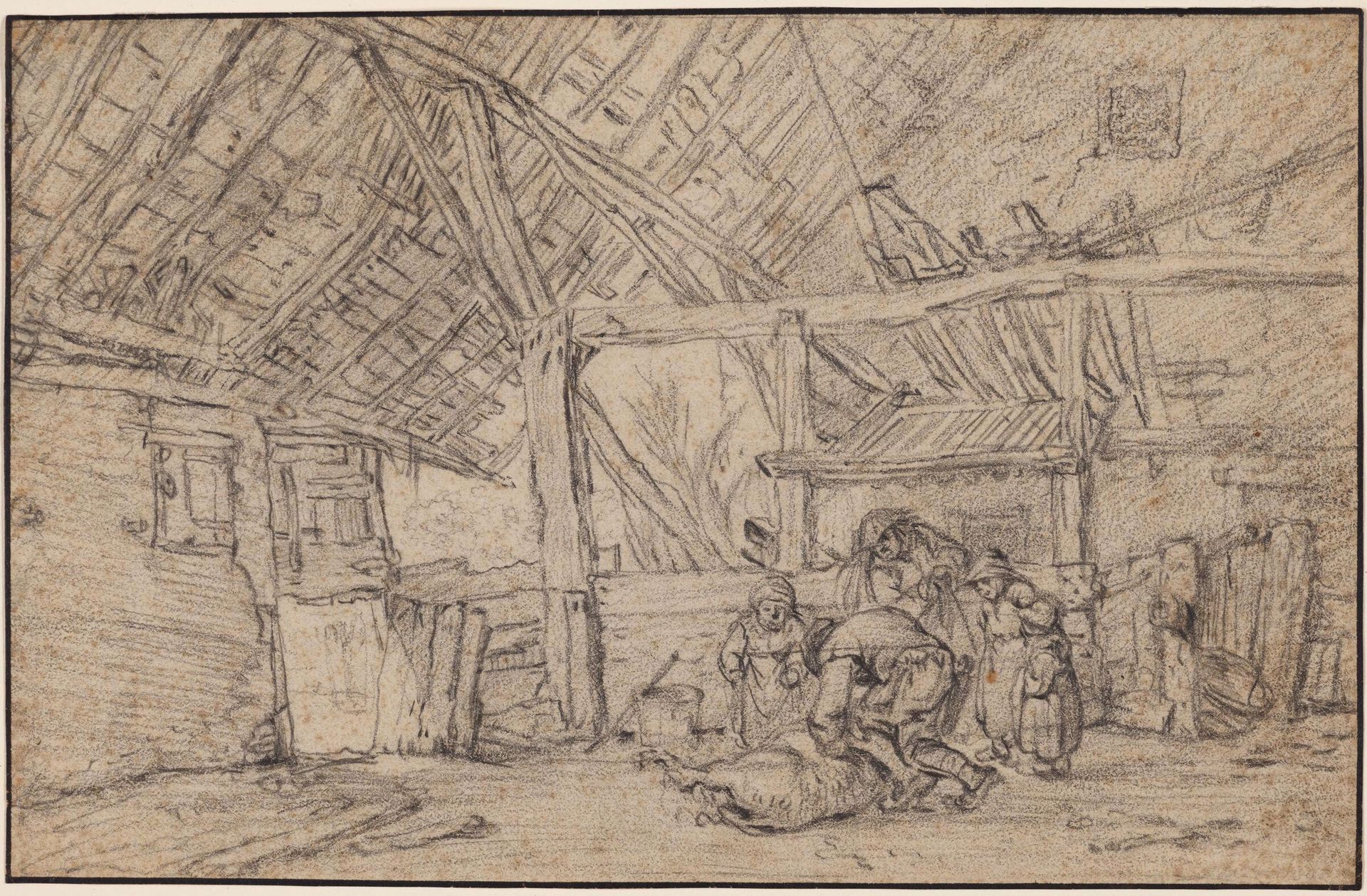 Peasants in a Barn Slaughtering a Pig by Follower of Adriaen van Ostade