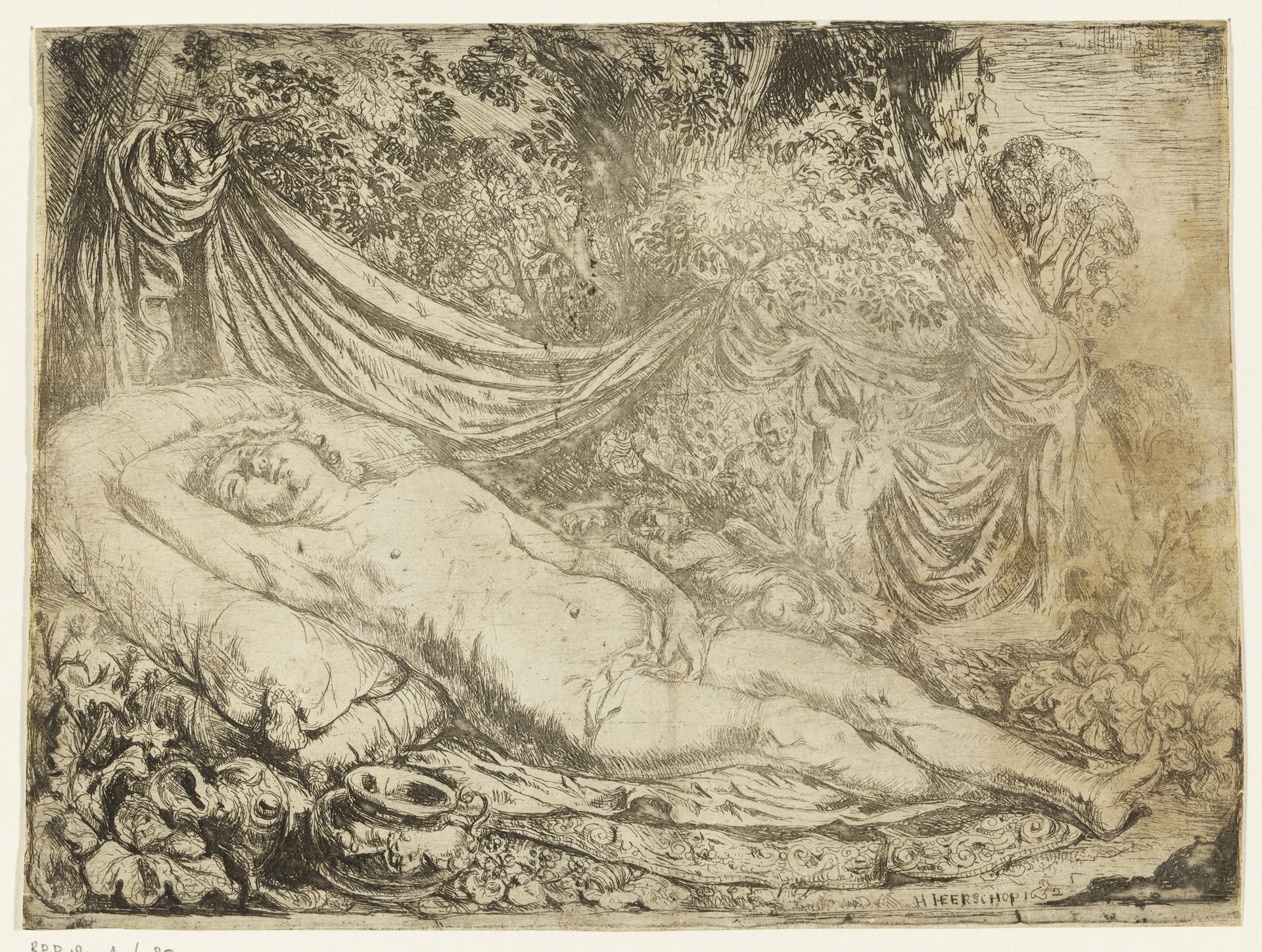 Slapende Venus door saters bespied by Hendrick Heerschop
