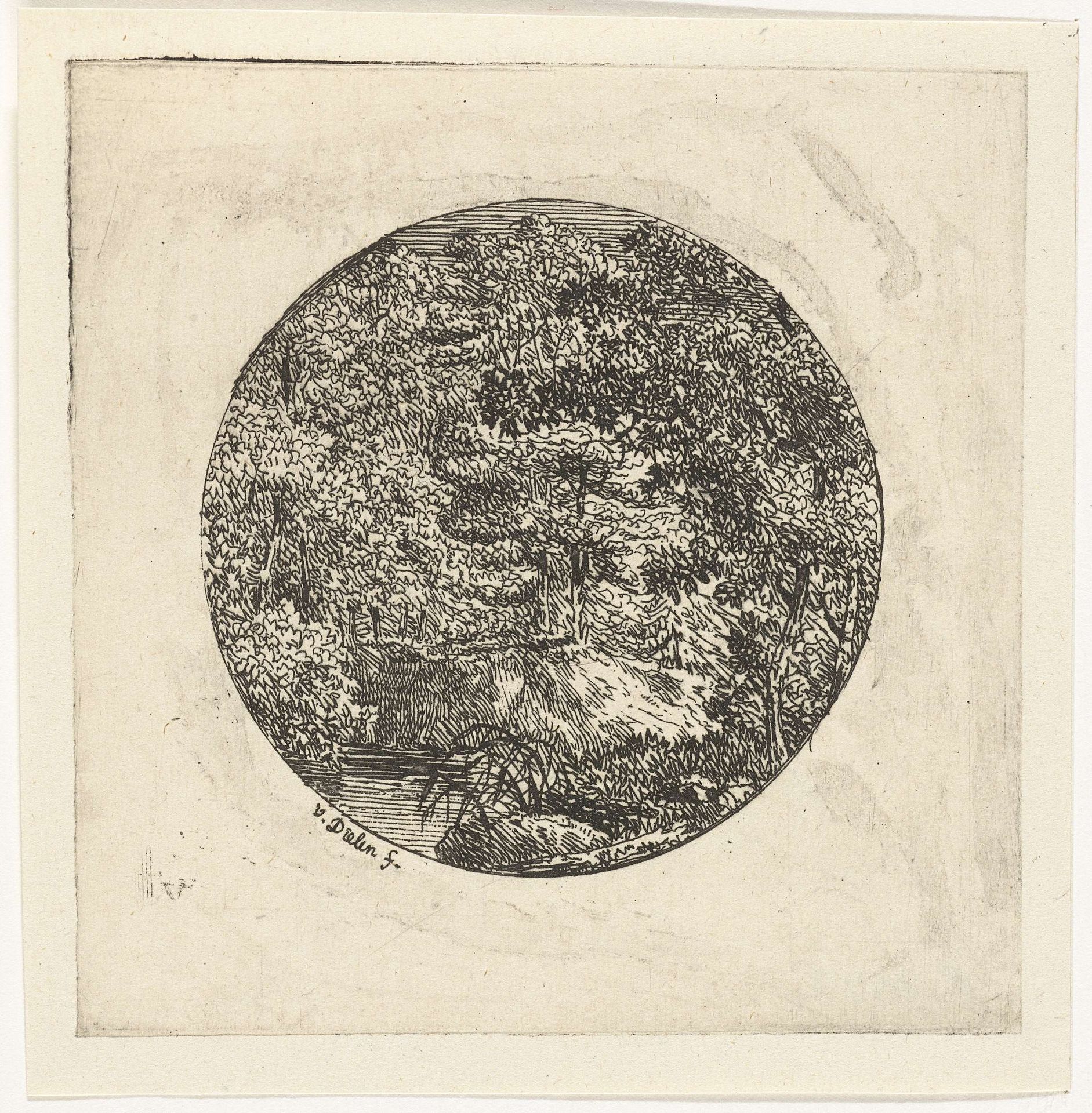 Boslandschap in rond kader by Adriaan Jacob Willem van Dielen