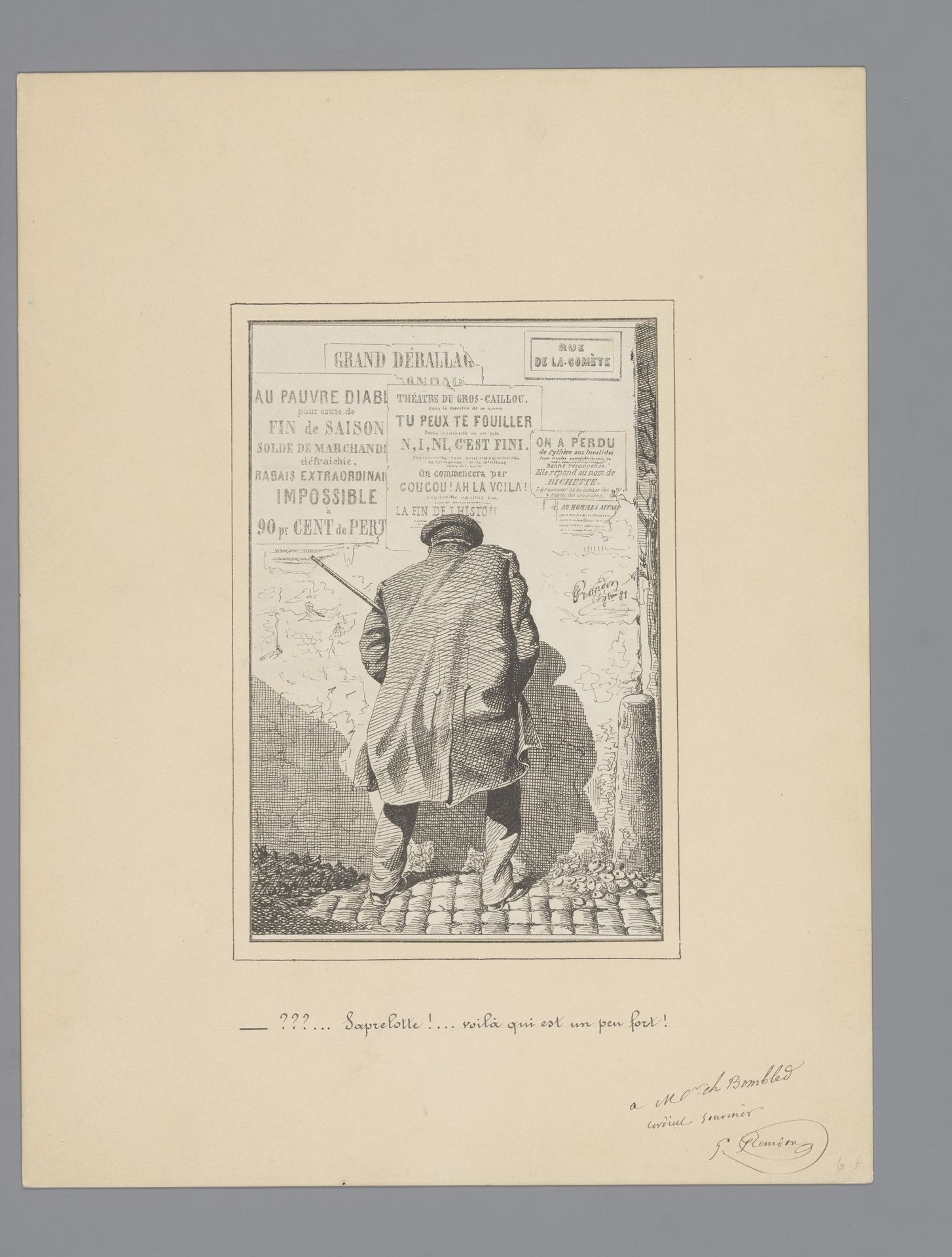 Man plast tegen straatmuur met affiches by Gilbert Randon