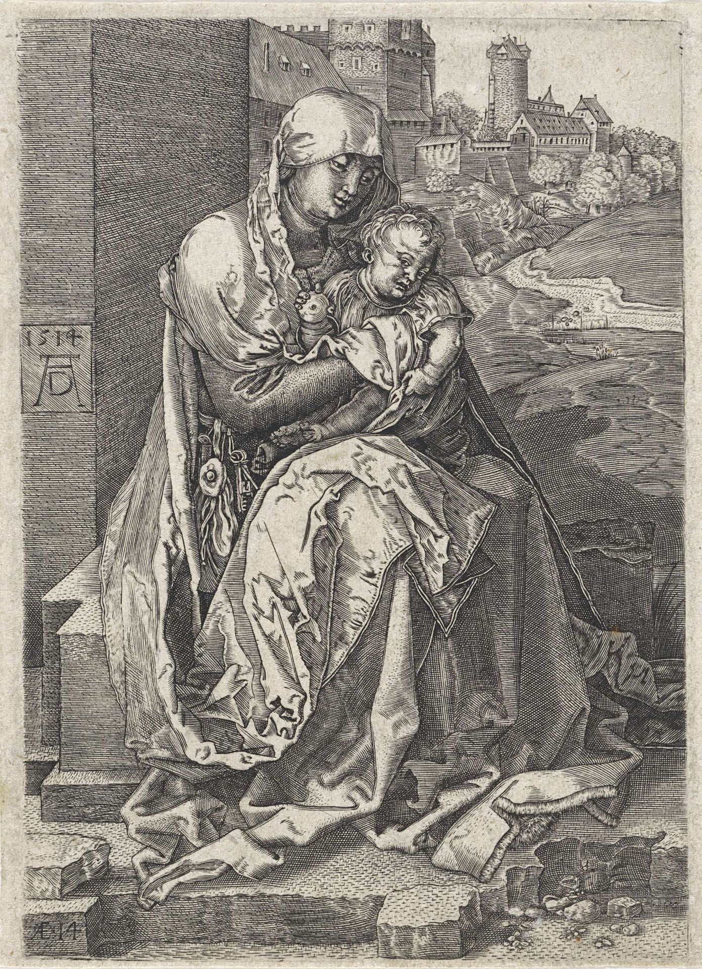 Maria met het Christuskind op schoot bij een muur by Wierix