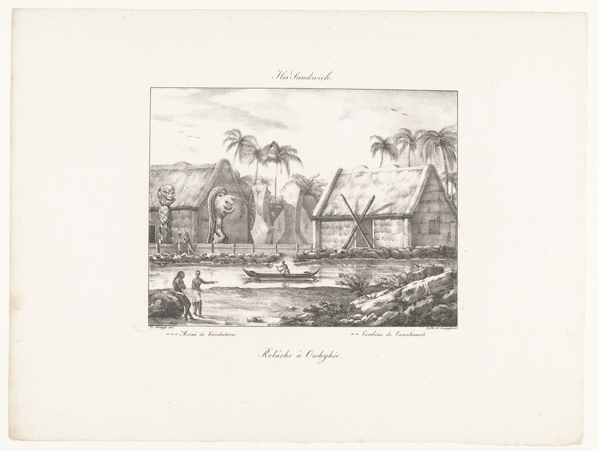 Verversingsplaats op Hawaï met graftombe by Jacques Etienne Victor Arago