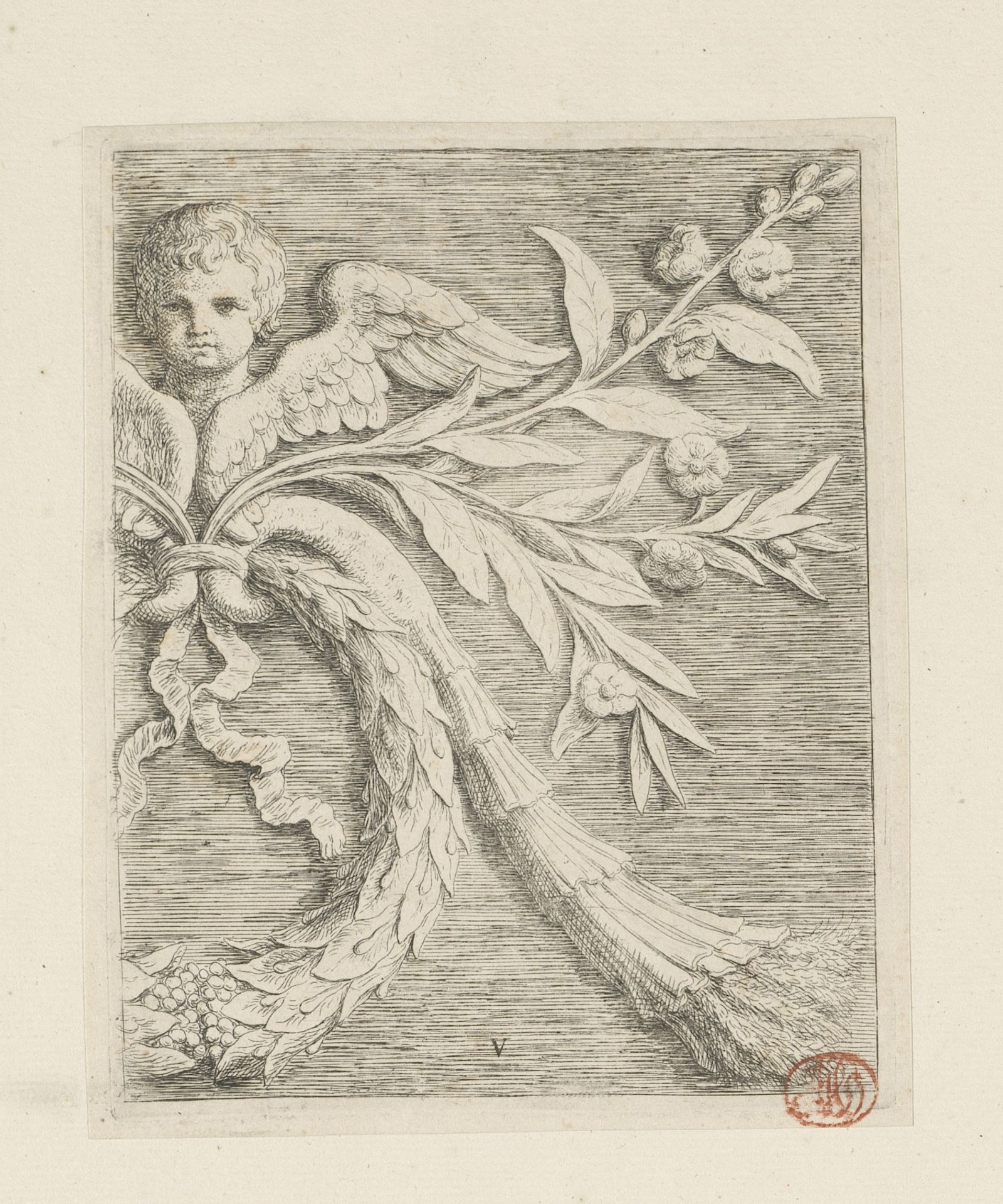 Ornament met cherubijn, lauwerkrans en bloesemtakken voor op gewelf in het Stadhuis op de Dam by Hubert Quellinus