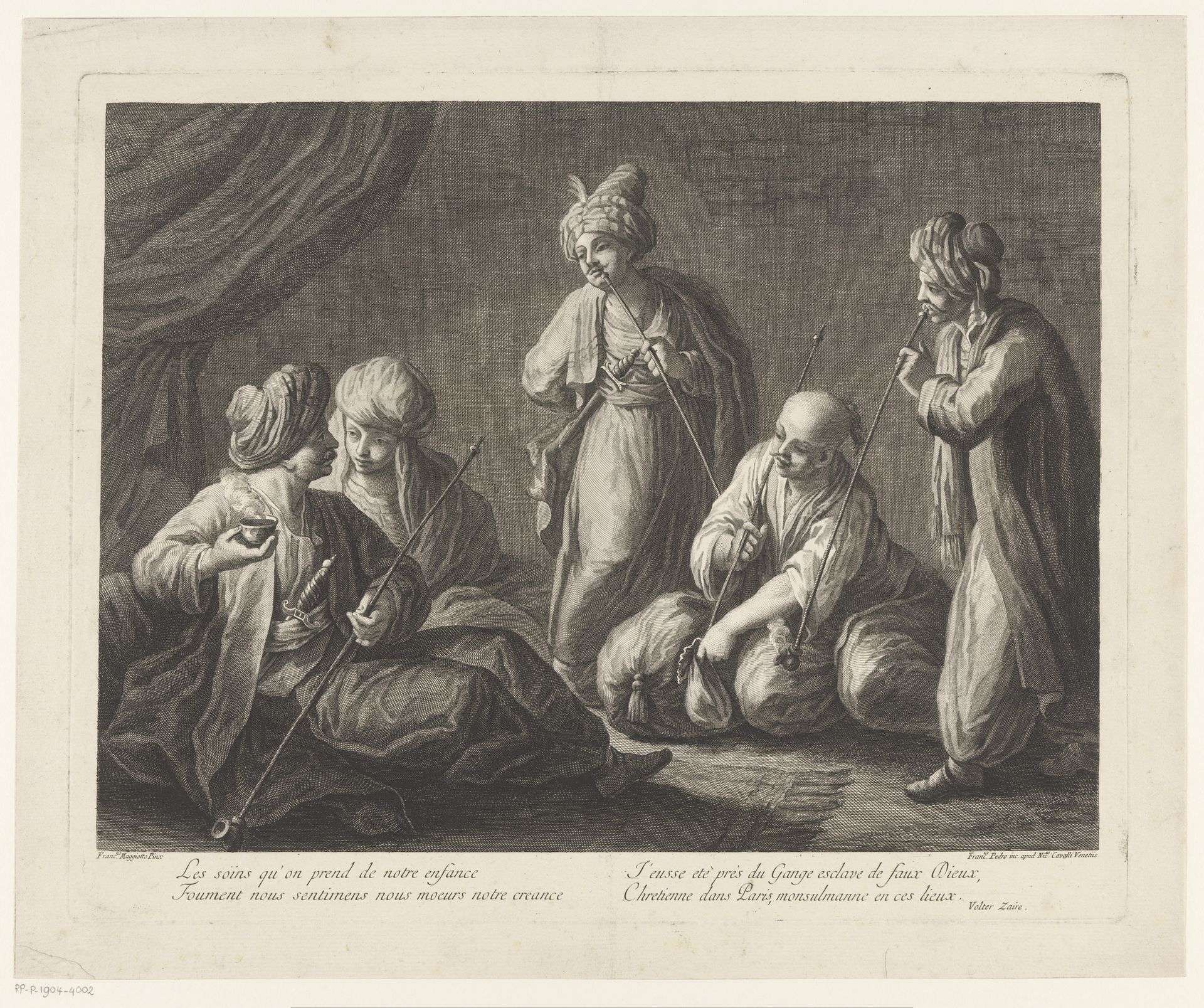 Vier pijprokende mannen en een vrouw by Francesco del Pedro