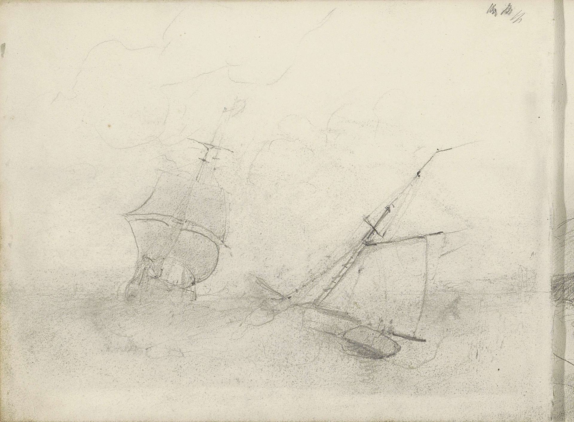 Twee zeilschepen op een woelige zee by Petrus Johannes Schotel