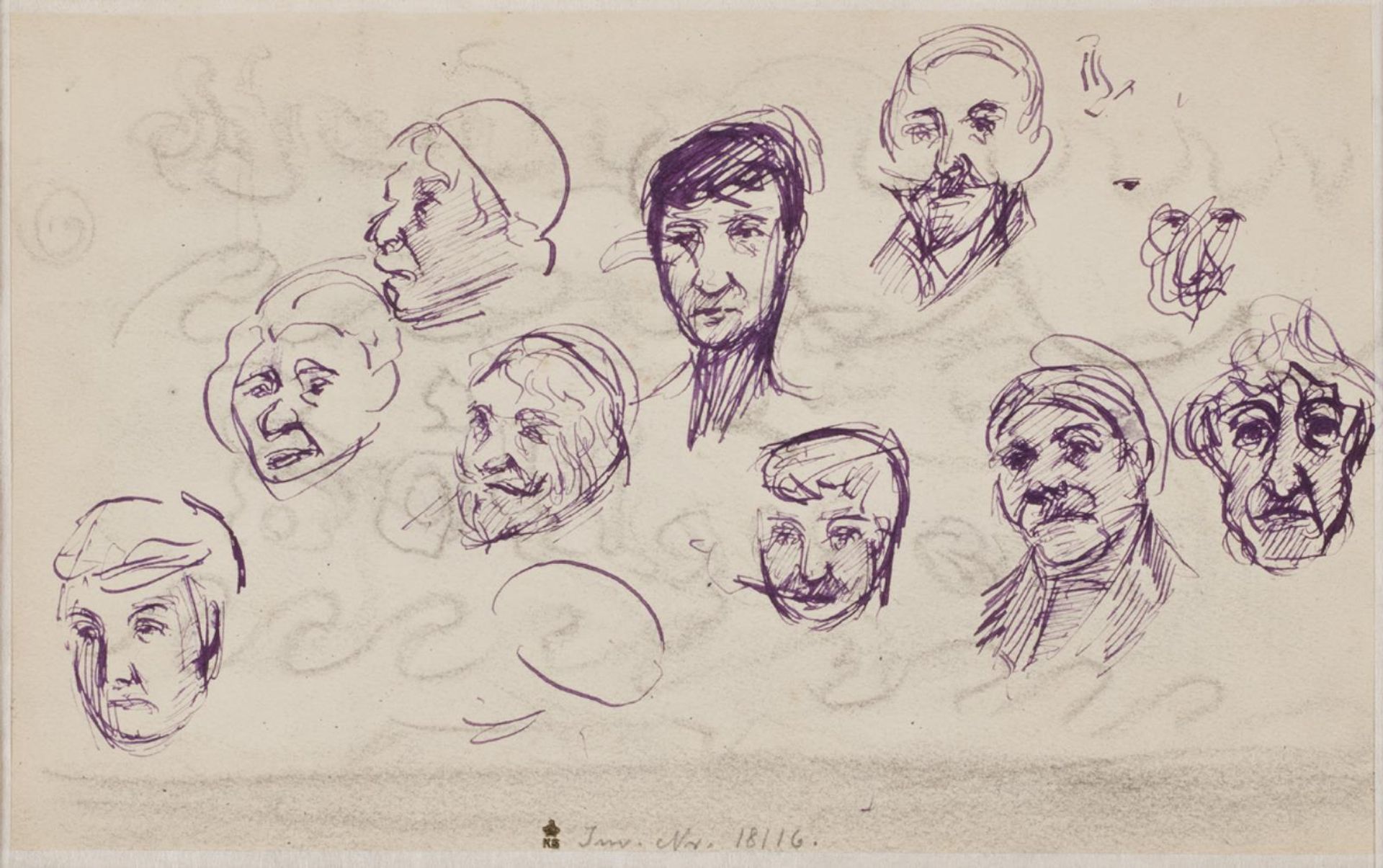 Studier af hoveder i violet blæk by Albert Gottschalk