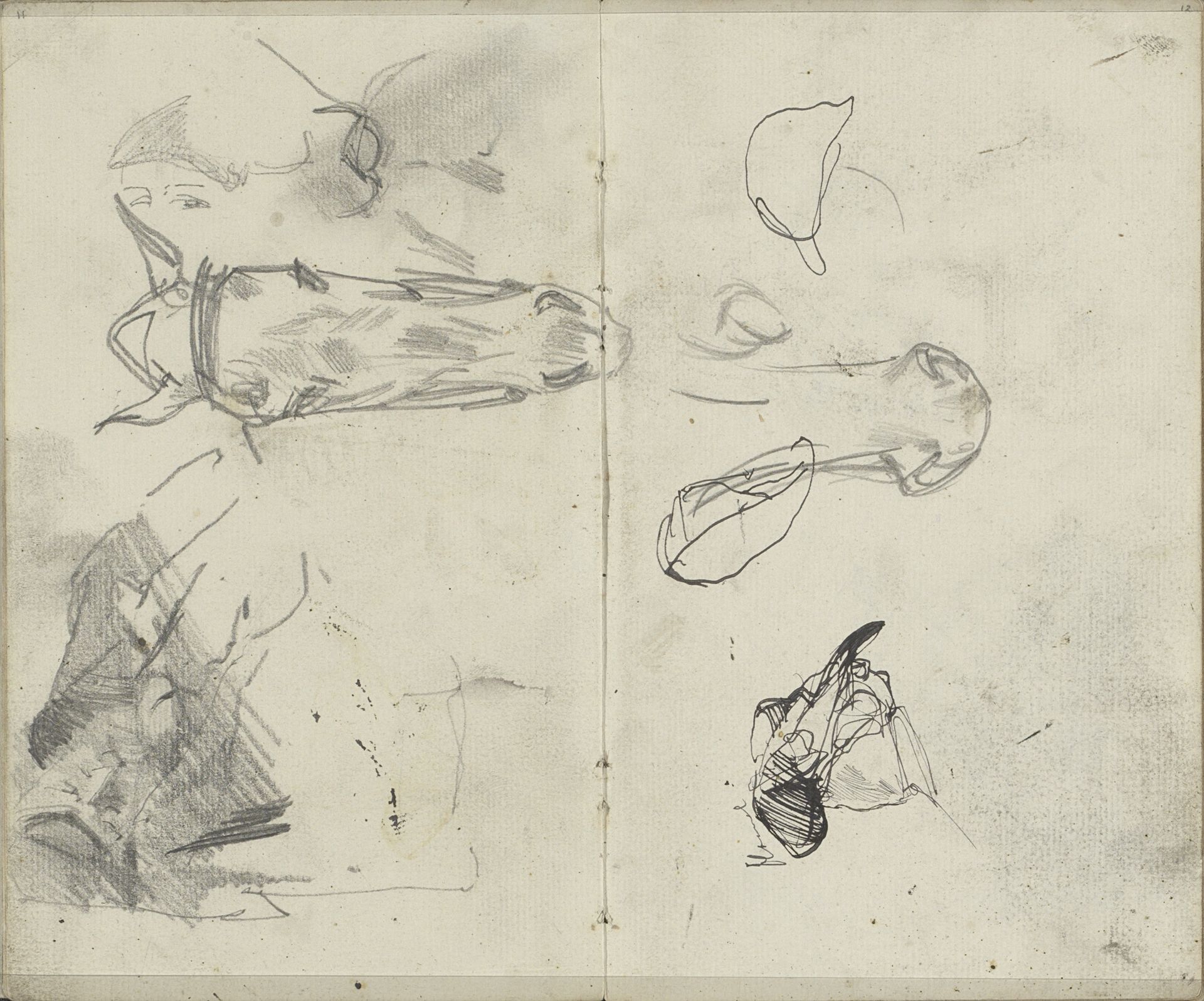 Studieblad met paarden, een vrouwenhoofd met hoed en een liggende man by George Hendrik Breitner